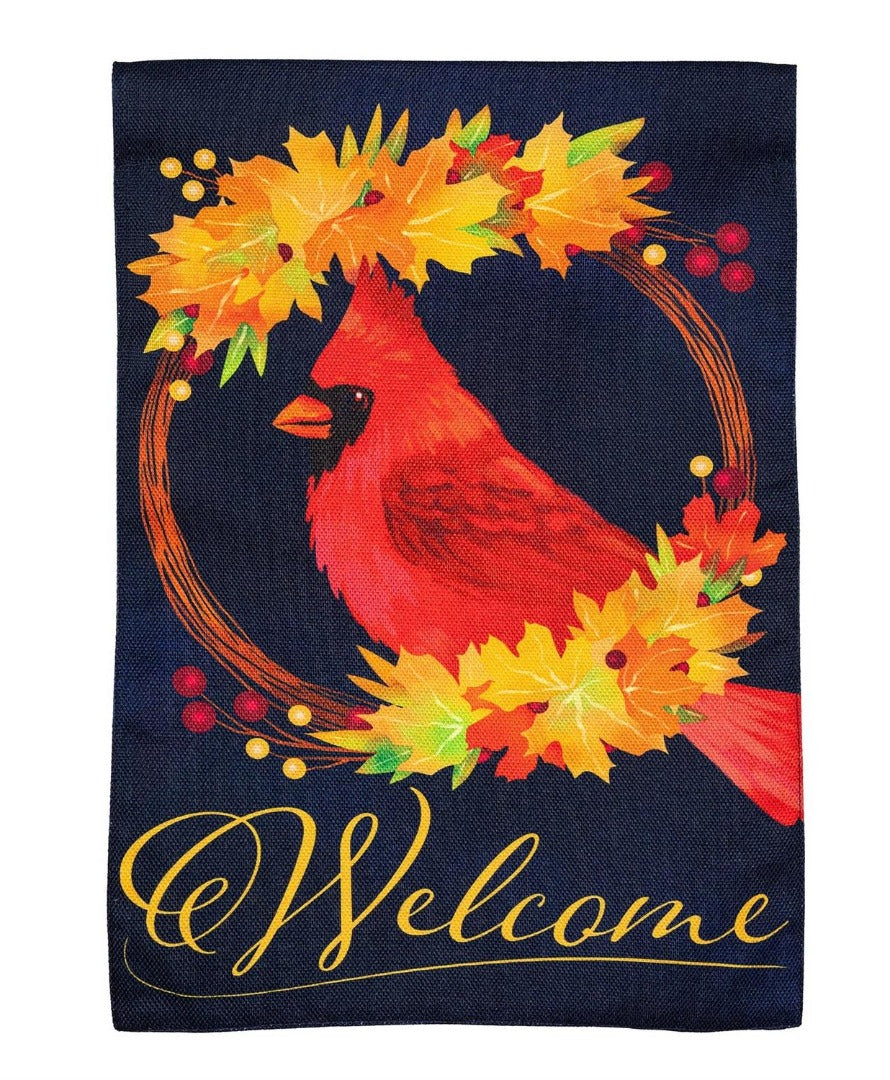 Fall Cardinal Wreath 2-Sided Burlap Garden Flag | 12.5" x 18"
