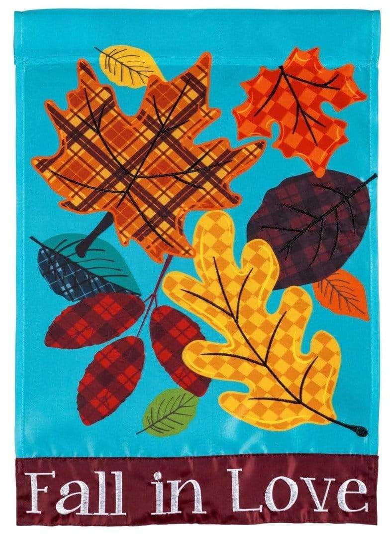 Fall In Love Plaid Leaves Garden Flag 2 Sided Applique Autumn