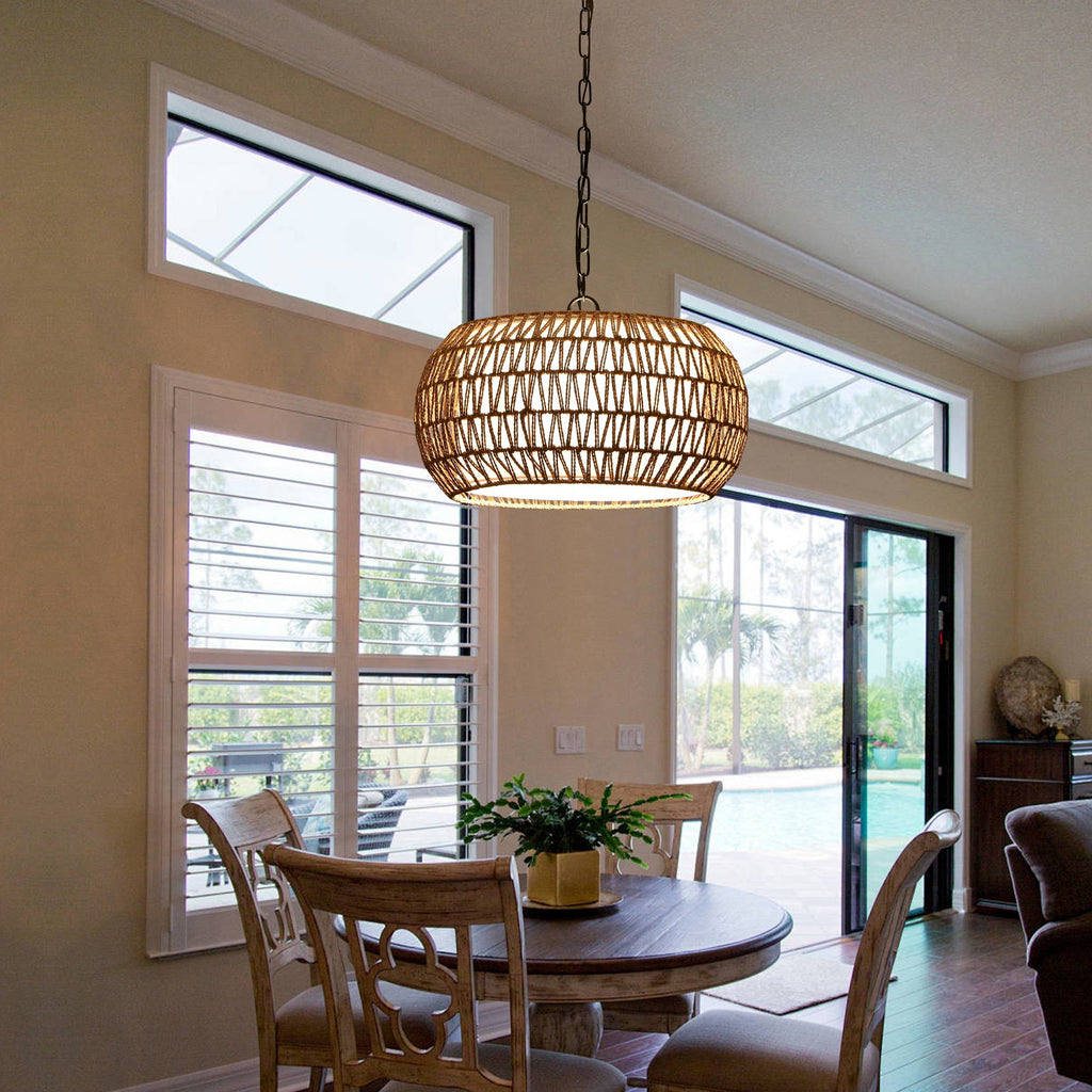 Farmhouse Pendant Light with Adjustable Height, Boho Woven Jute Rope Hanging Ceiling Light Fixture