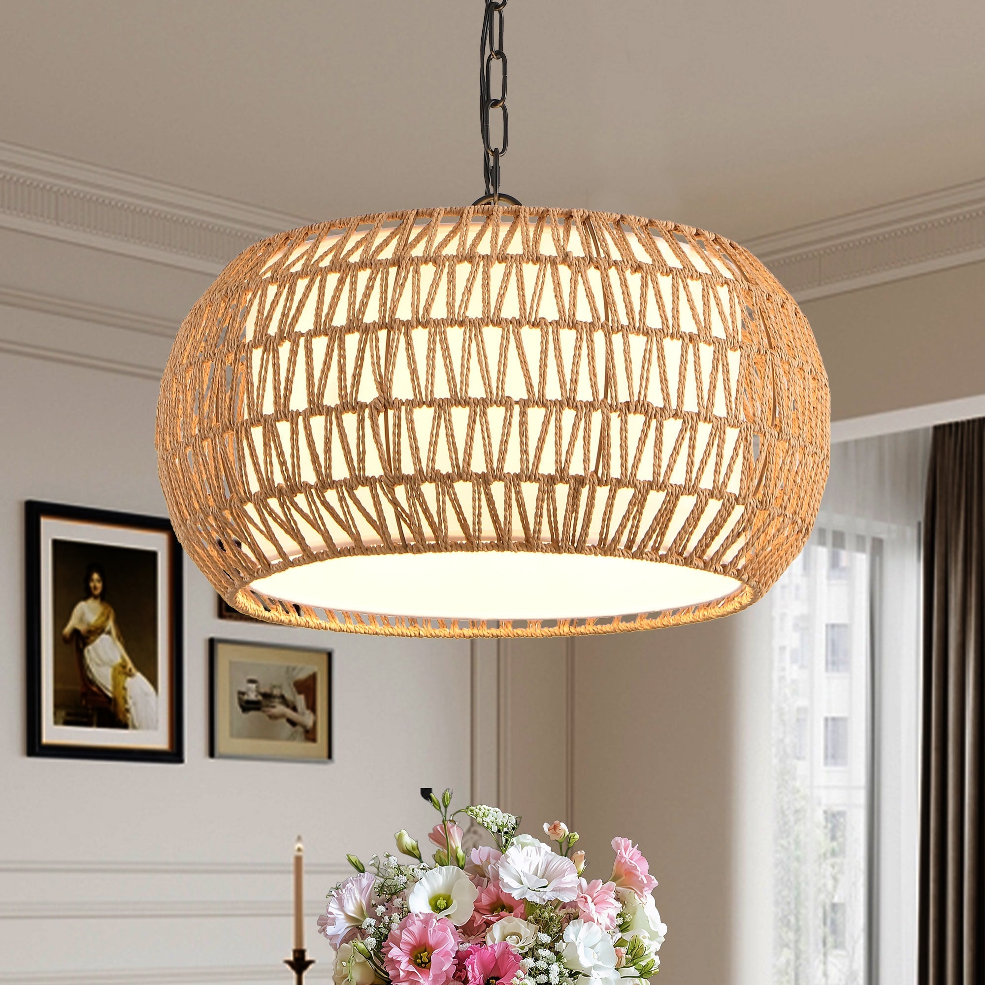 Farmhouse Pendant Light with Adjustable Height, Boho Woven Jute Rope Hanging Ceiling Light Fixture