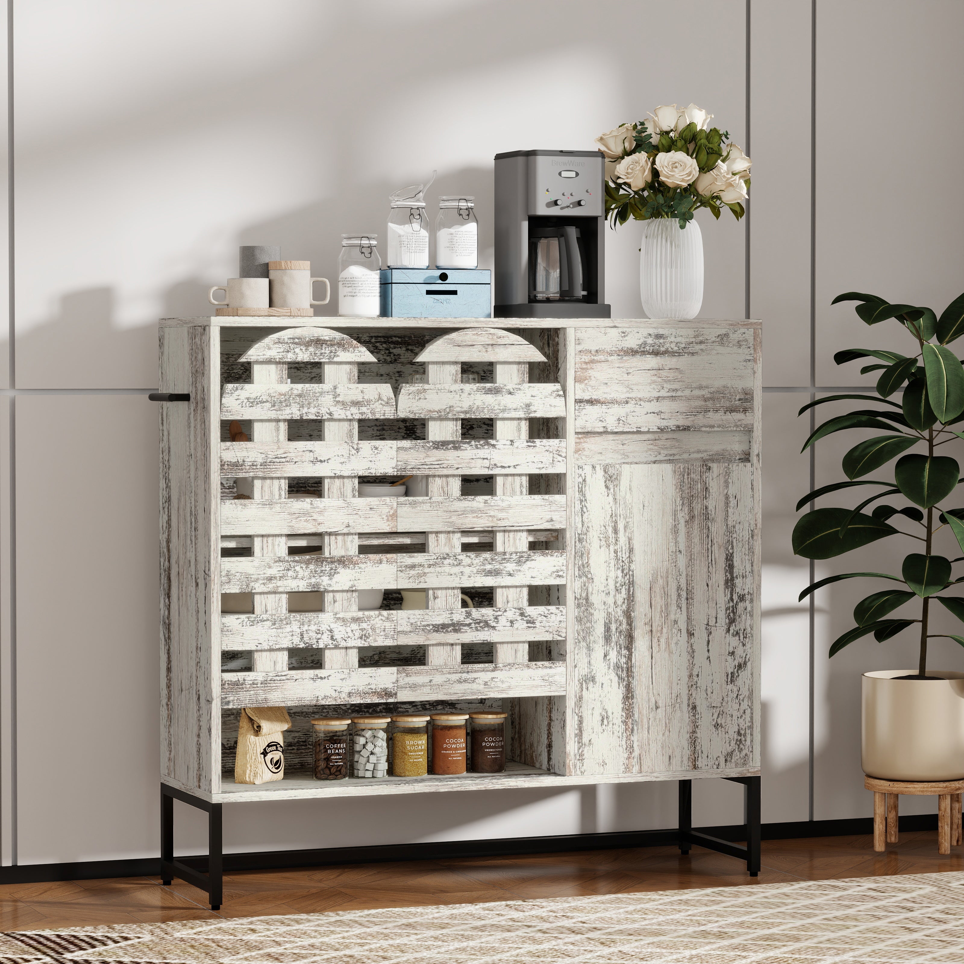 Farmhouse Sideboard Cabinet with Arched Lattice Doors, Drawer & Open Shelves 44.3" Rustic Coffee Bar & Console Table