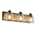 Farmhouse Vanity Light Fixture | 3/4/5/6-Light Bathroom Wall Sconce with Clear Seeded Glass Shades & Antique Wood Backplate