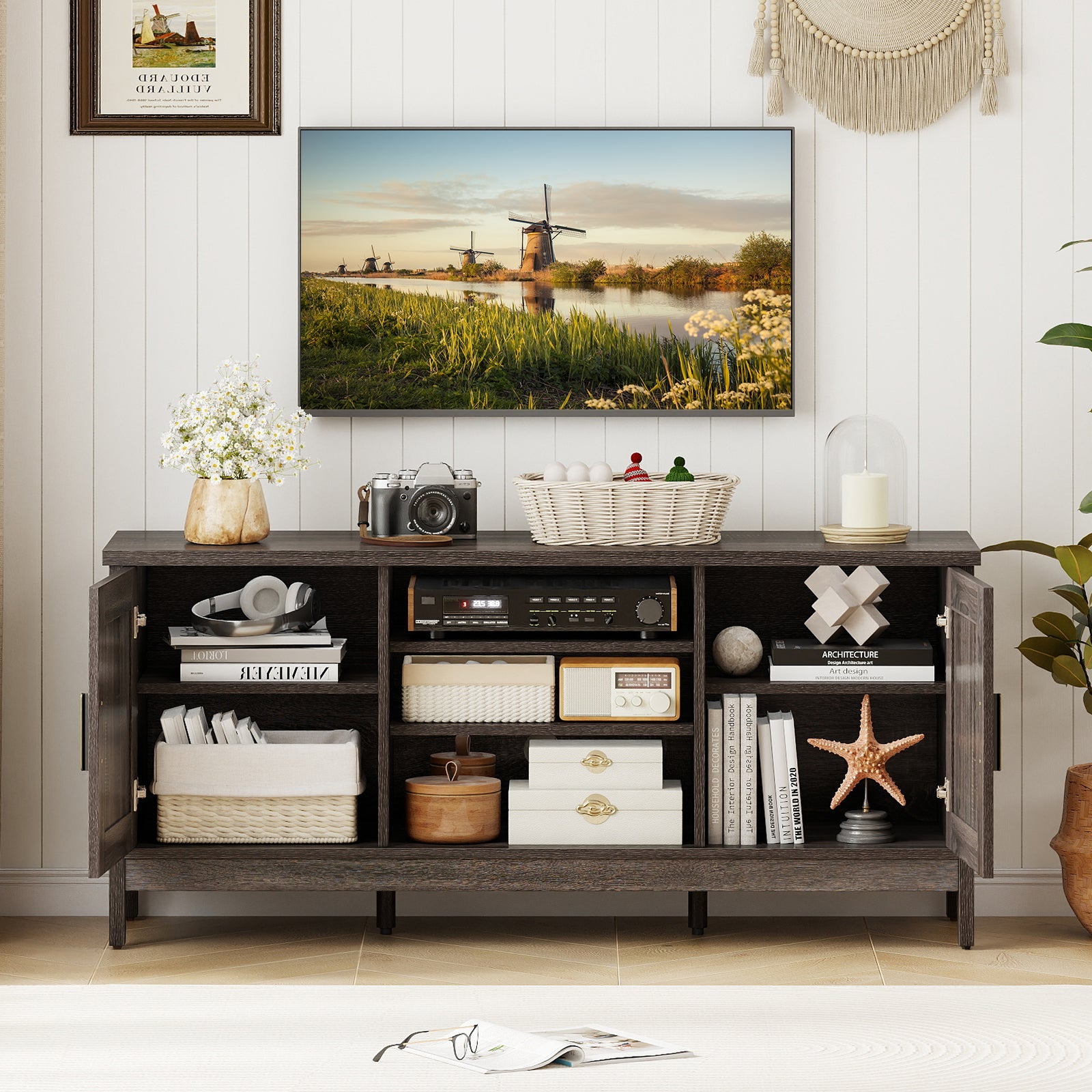 Farmhouse TV Stand for TVs up to 65 Inch Entertainment Center with 2 Storage Cabinets-Gray