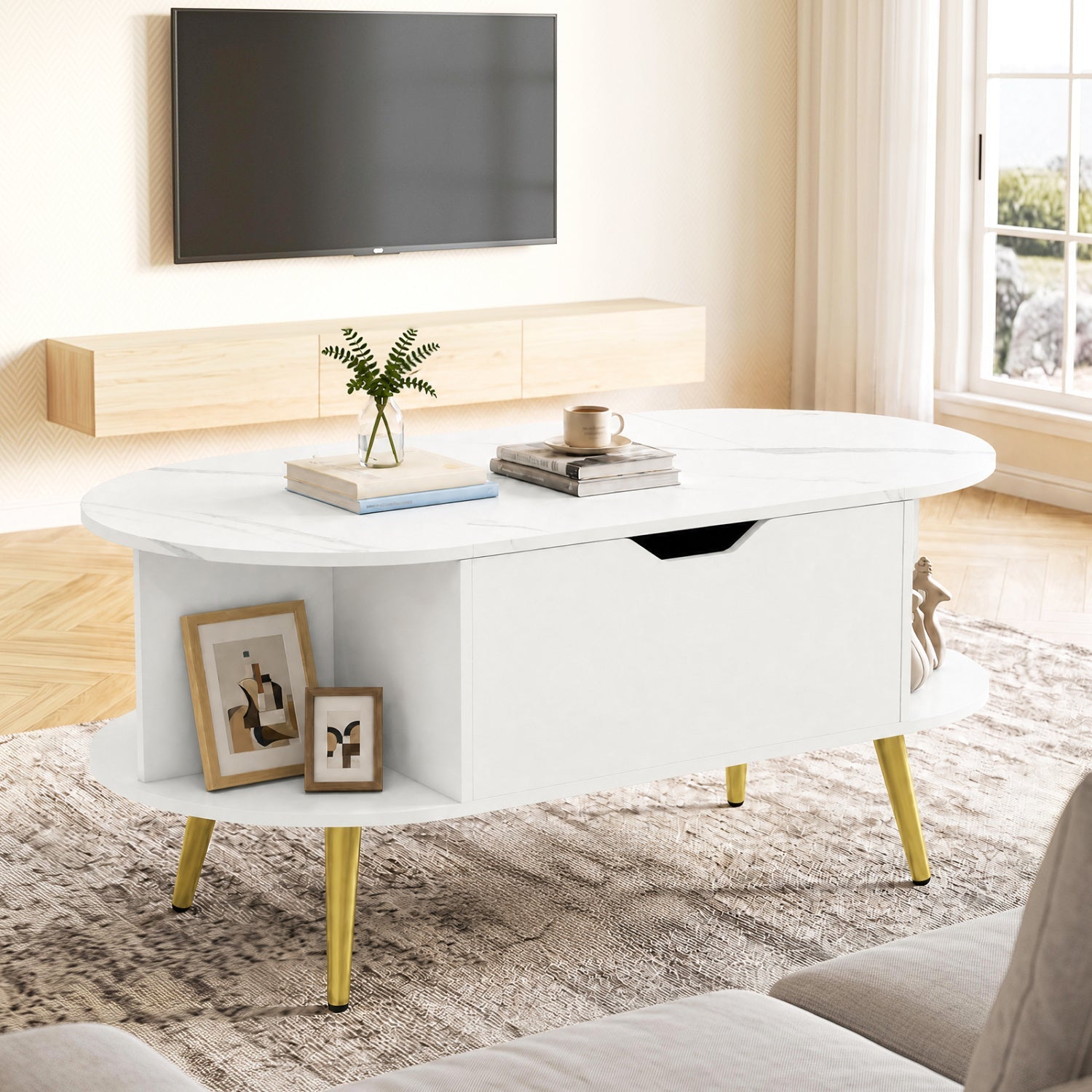 Lift Top Coffee Table with Hidden Compartment and Shelves