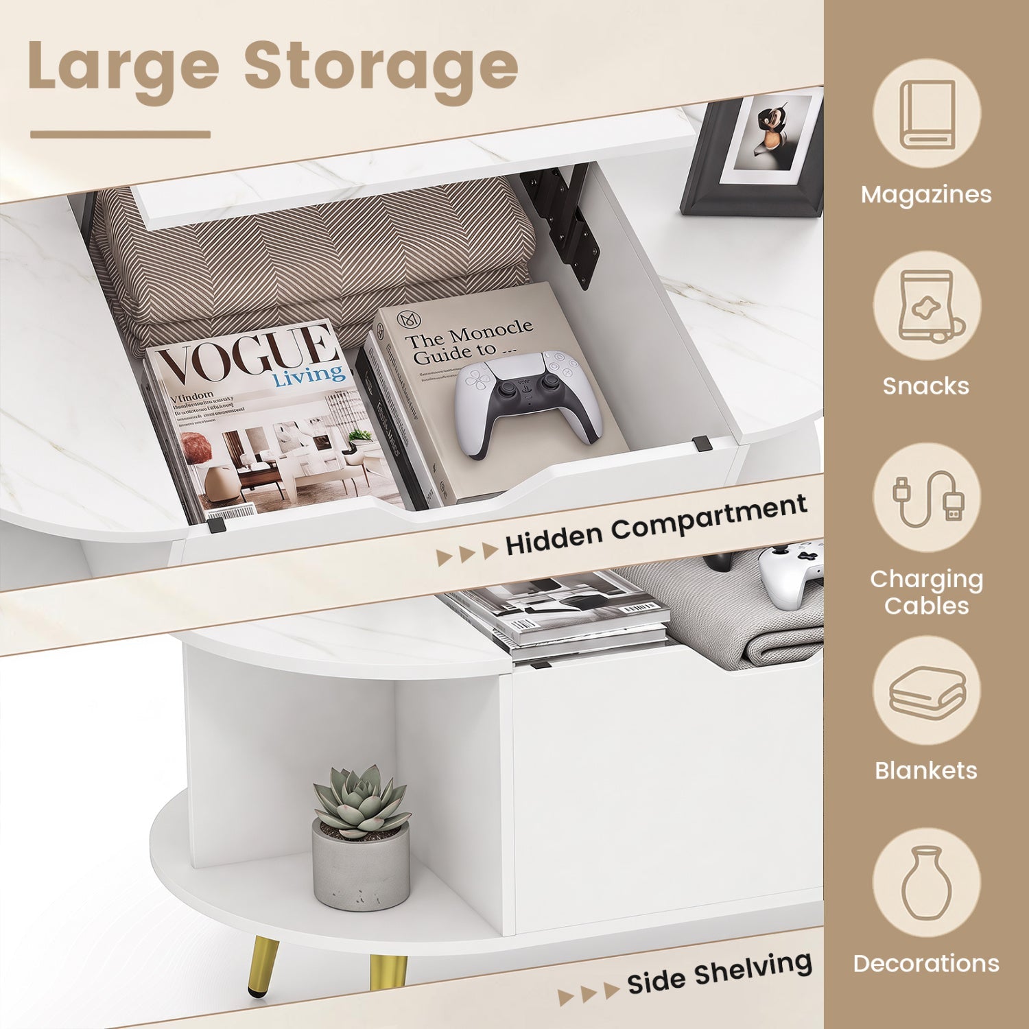 Lift Top Coffee Table with Hidden Compartment and Shelves