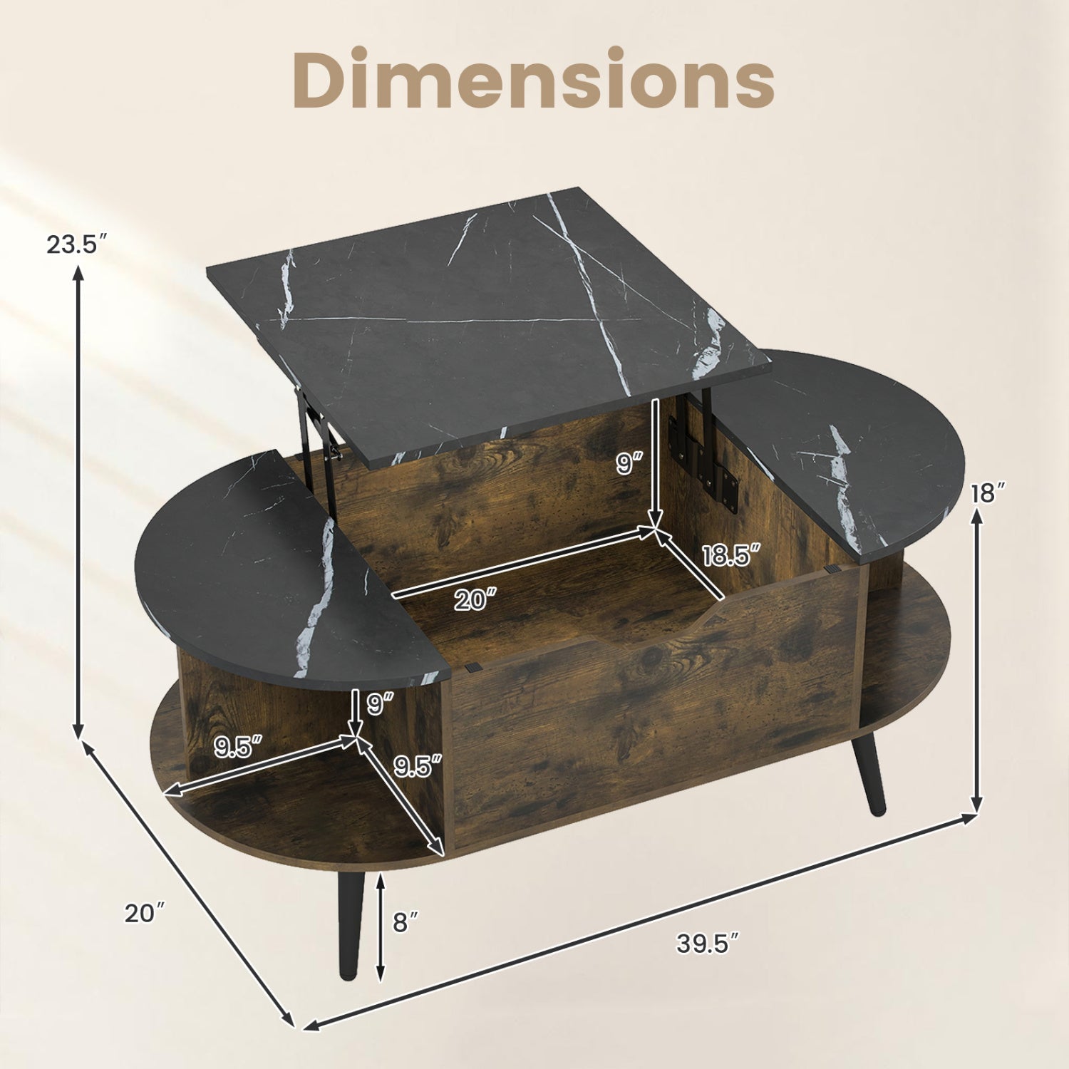 Lift Top Coffee Table with Hidden Compartment and Shelves