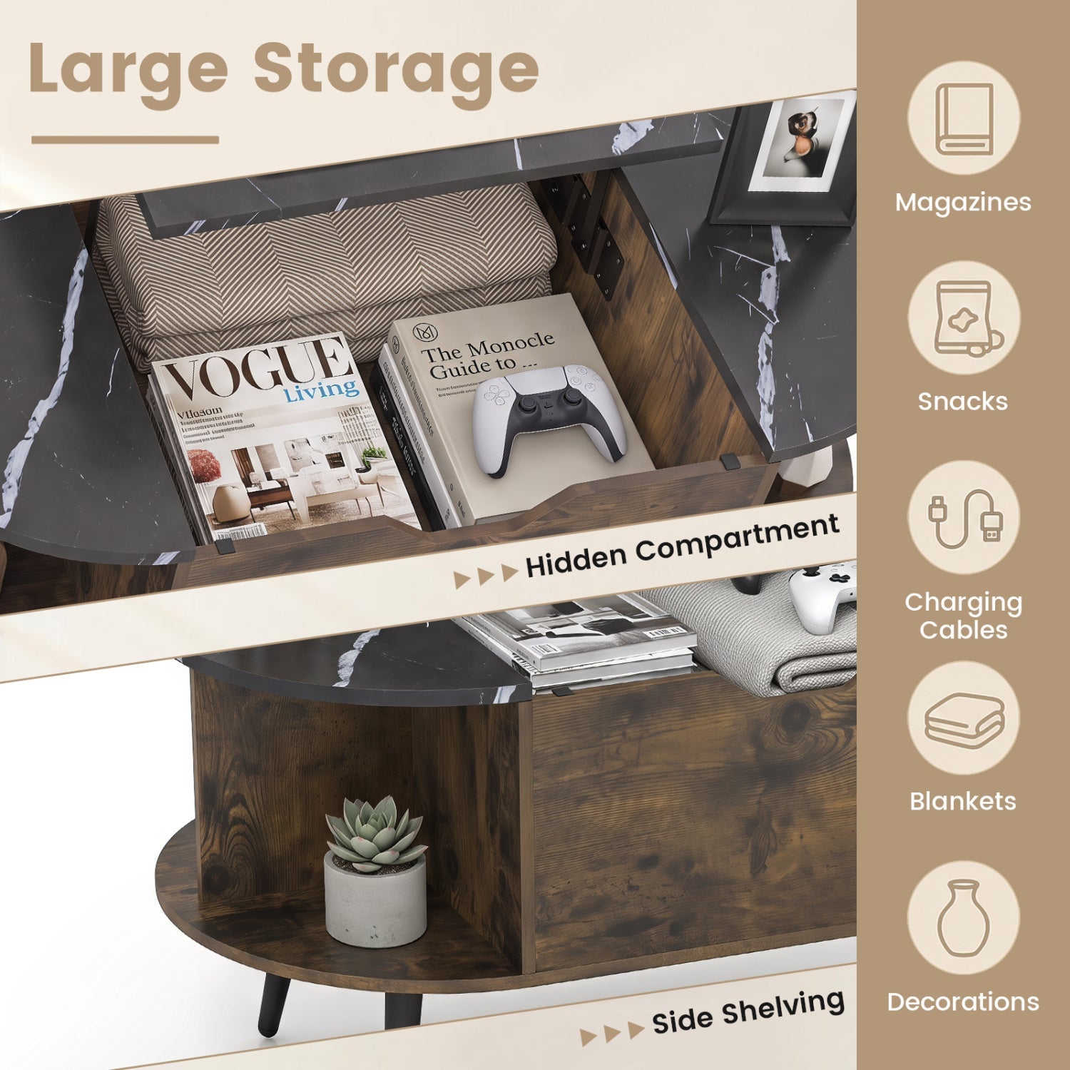 Lift Top Coffee Table with Hidden Compartment and Shelves