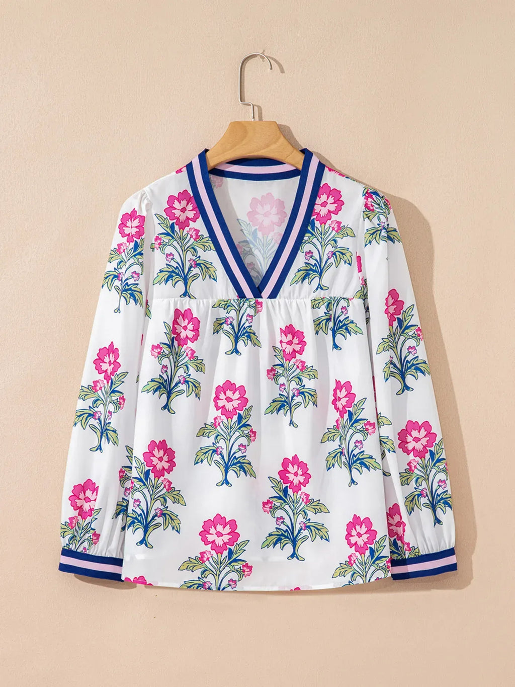Floral Print Striped V Neck Blouse