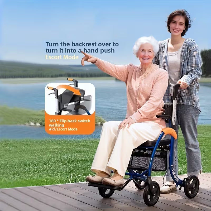 Foldable Walker With 8-inch Wide Tires, Rest Seat, Height-adjustable Armrests, Storage Space, 300-pound Weight Limit For Daily Mobility.