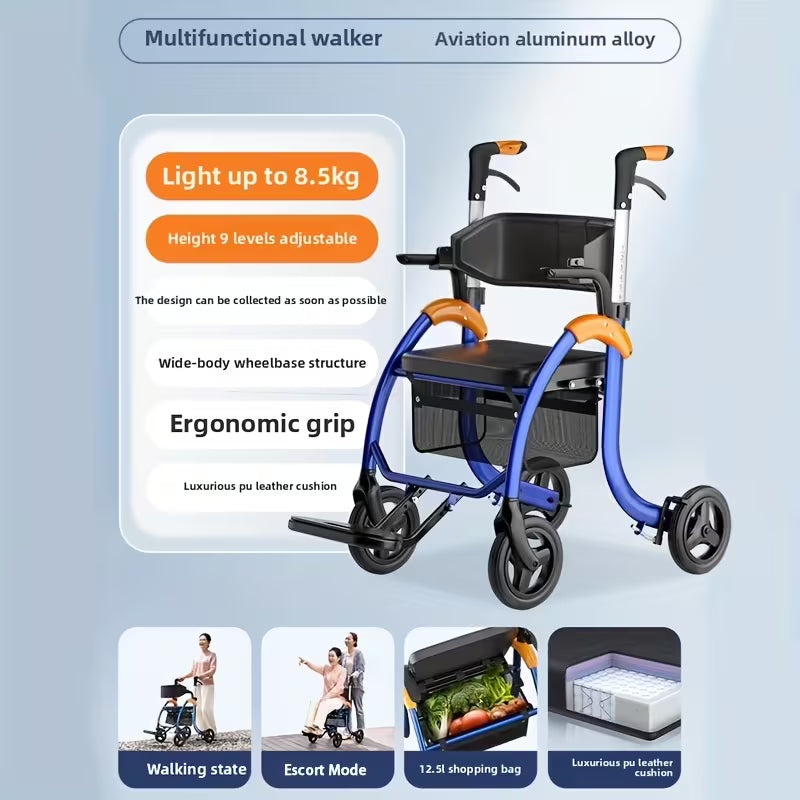 Foldable Walker With 8-inch Wide Tires, Rest Seat, Height-adjustable Armrests, Storage Space, 300-pound Weight Limit For Daily Mobility.