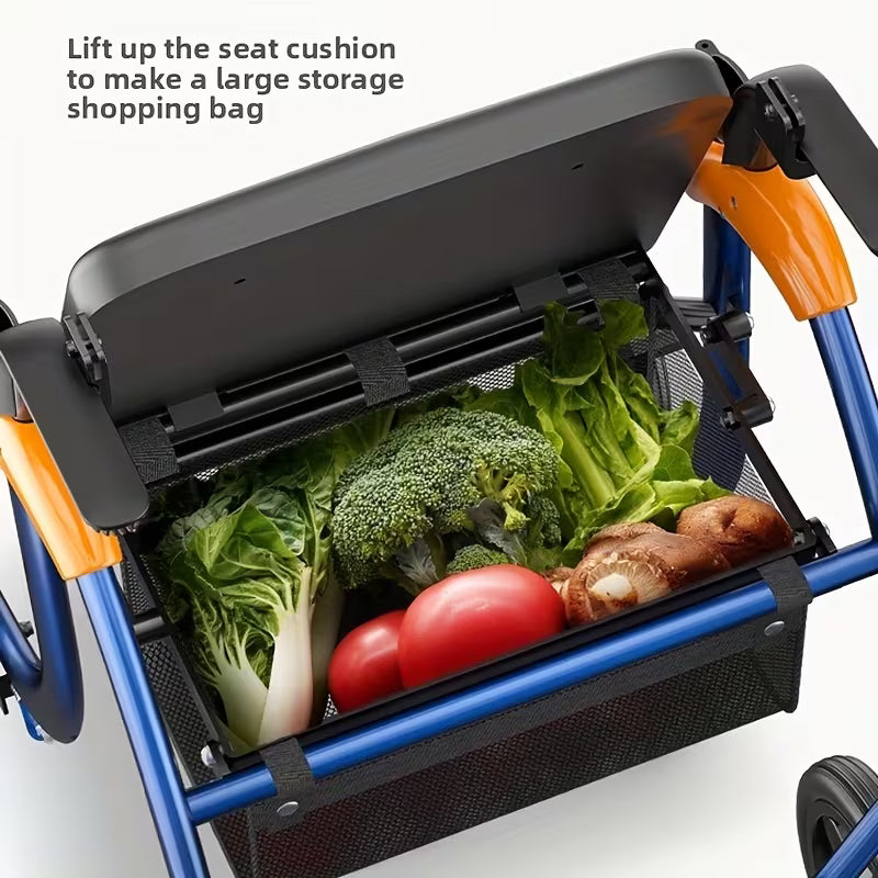Foldable Walker With 8-inch Wide Tires, Rest Seat, Height-adjustable Armrests, Storage Space, 300-pound Weight Limit For Daily Mobility.