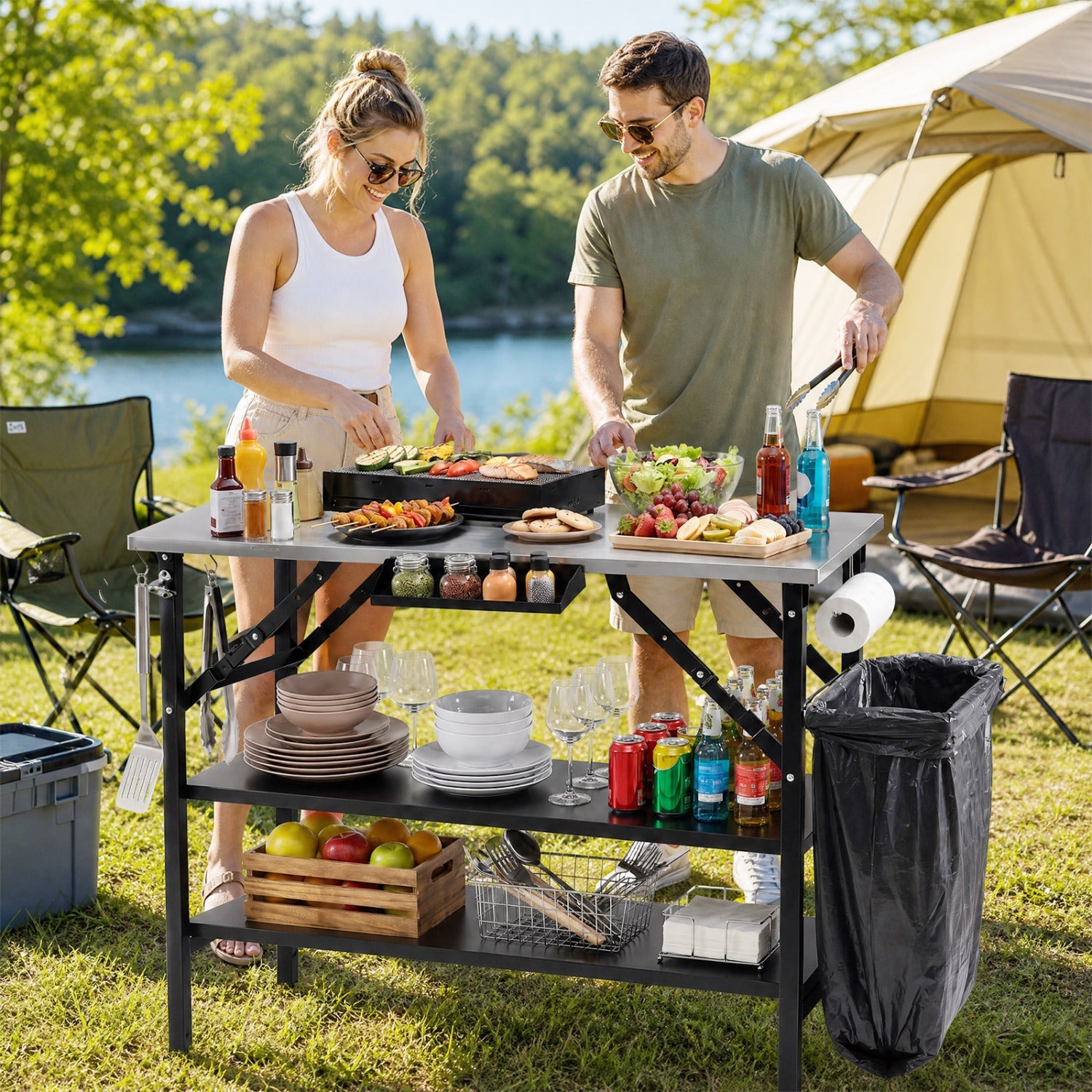 Foldable Outdoor Cook Station with Removable Shelves