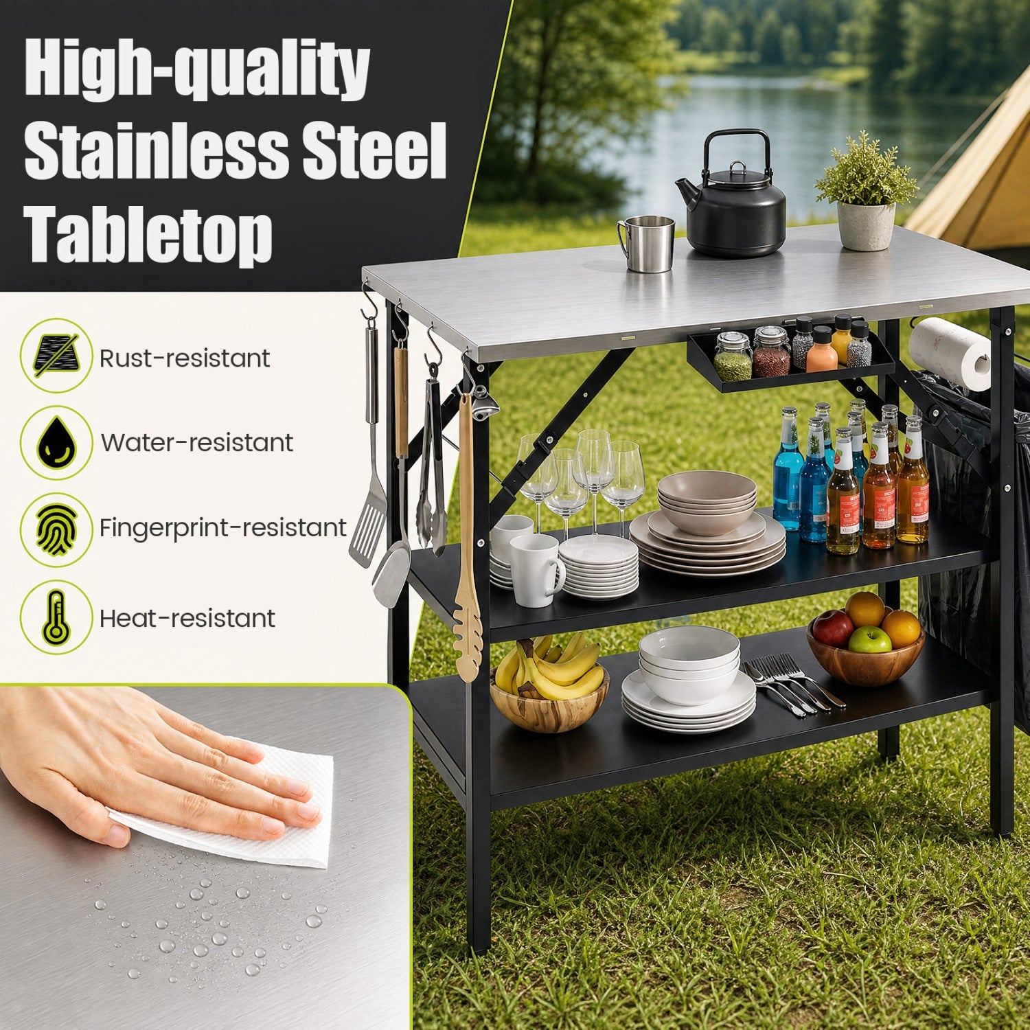 Foldable Outdoor Cook Station with Removable Shelves