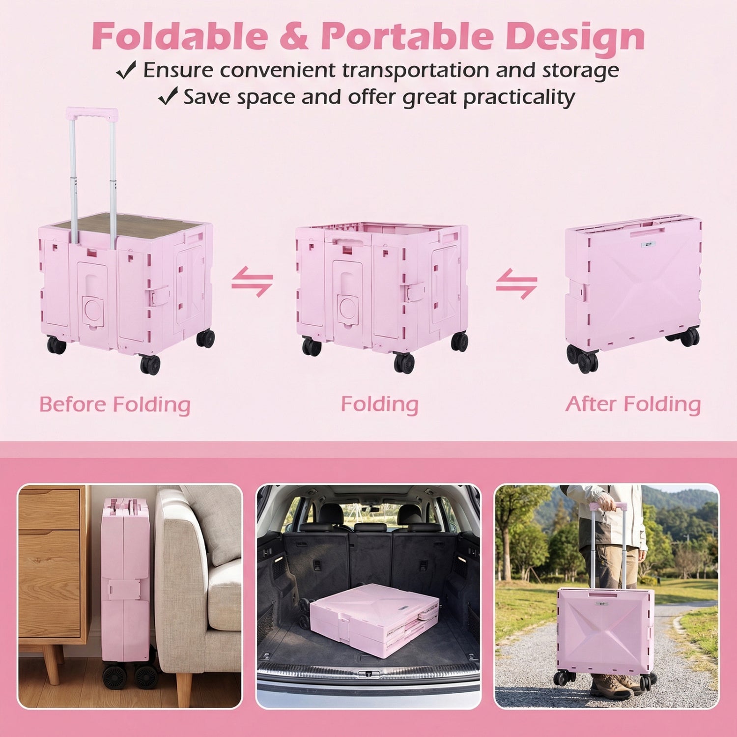 Foldable Utility Cart on 4 Rotate Wheels with Cup Holder