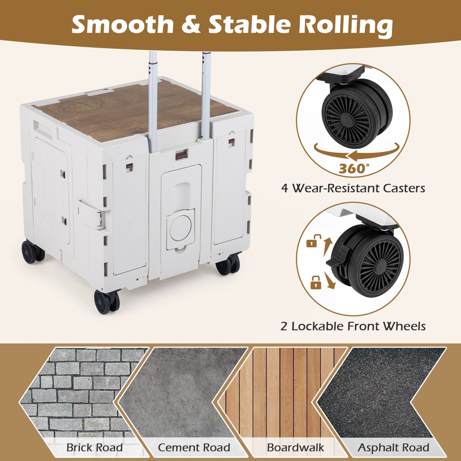 Foldable Utility Cart on 4 Rotate Wheels with Cup Holder
