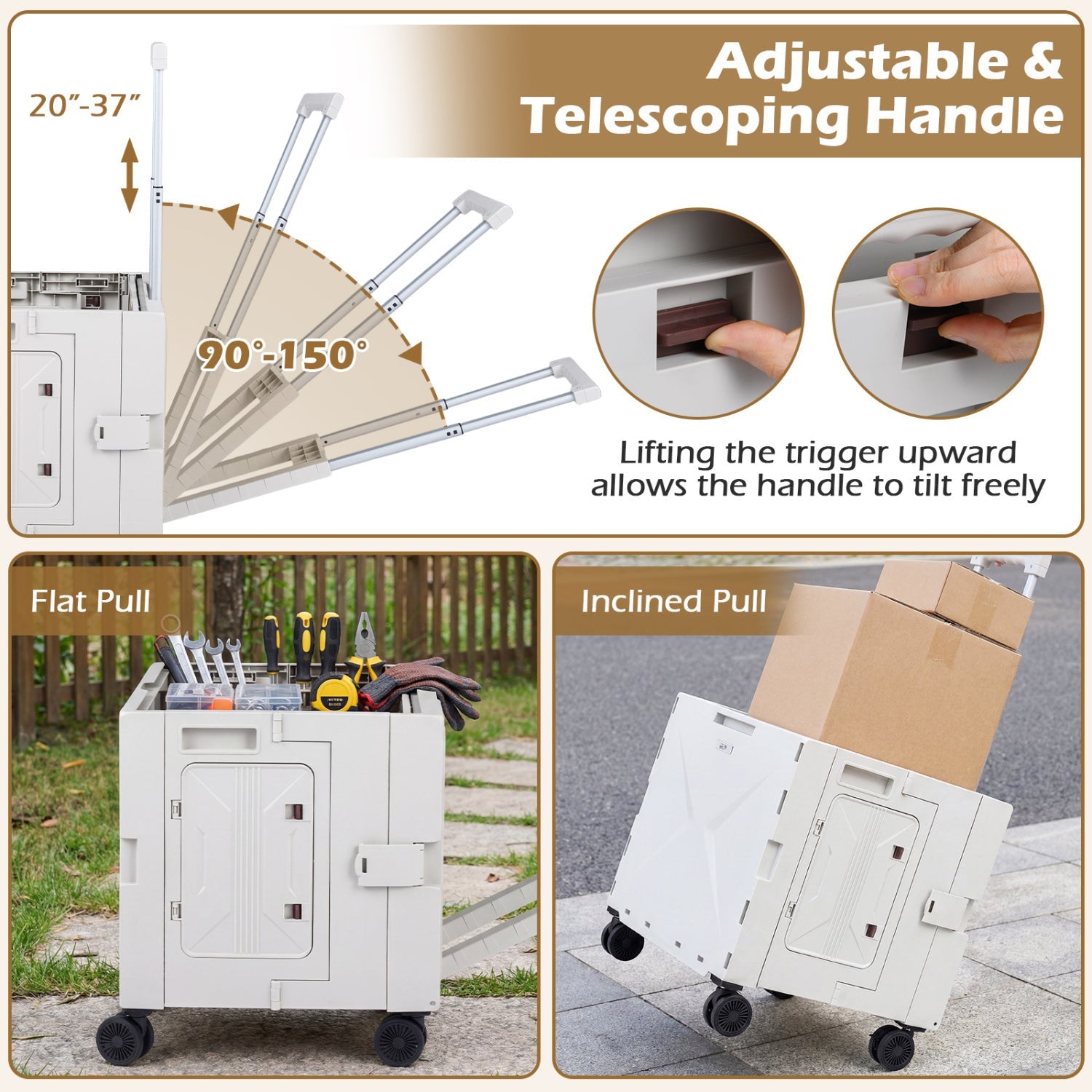 Foldable Utility Cart on 4 Rotate Wheels with Cup Holder