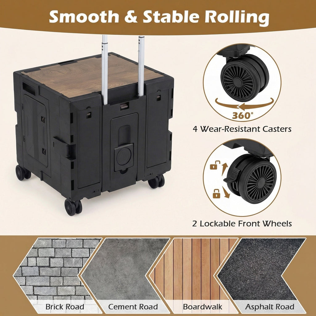 Foldable Utility Cart on 4 Rotate Wheels with Cup Holder