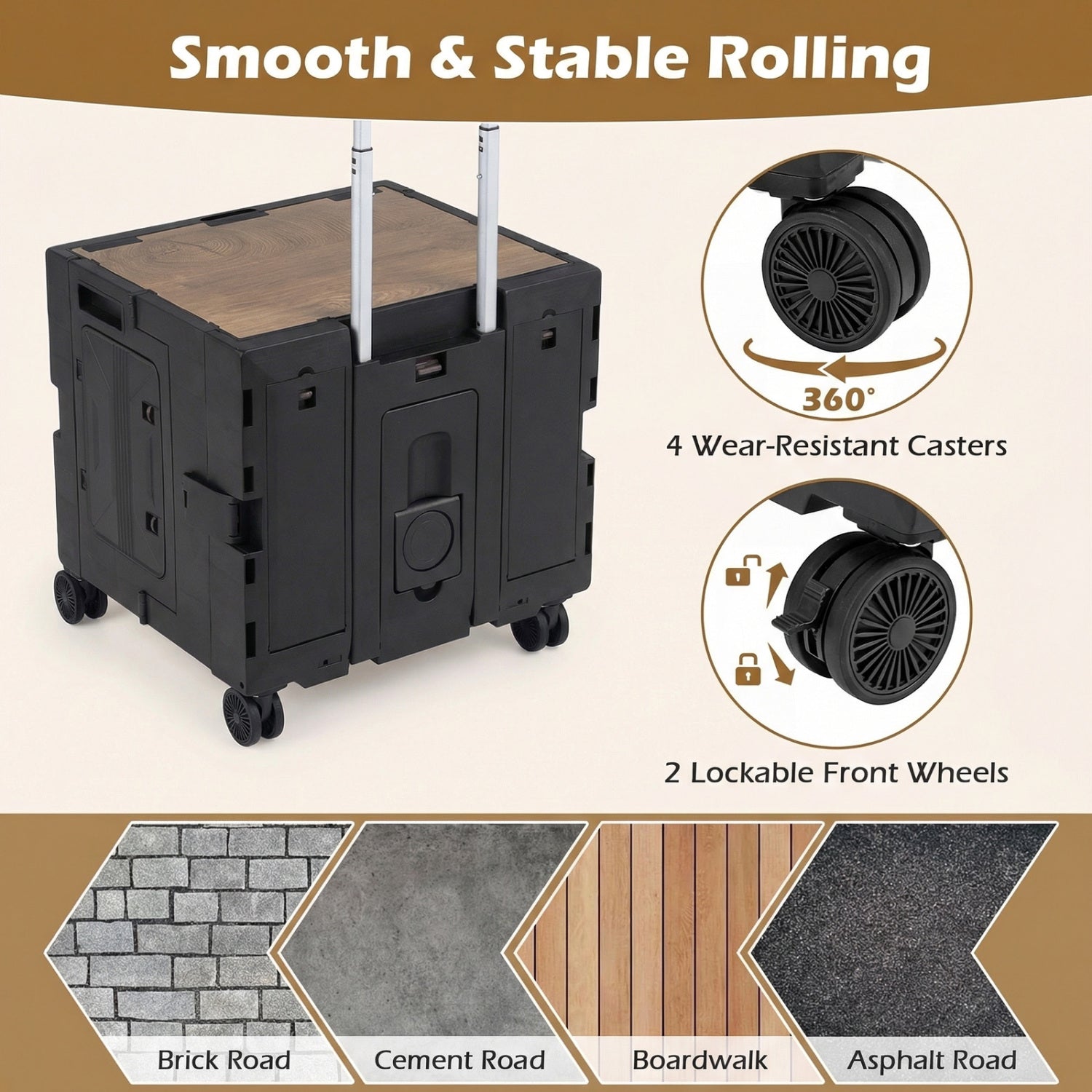 Foldable Utility Cart on 4 Rotate Wheels with Cup Holder