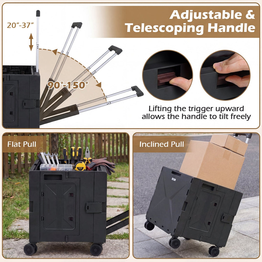Foldable Utility Cart on 4 Rotate Wheels with Cup Holder
