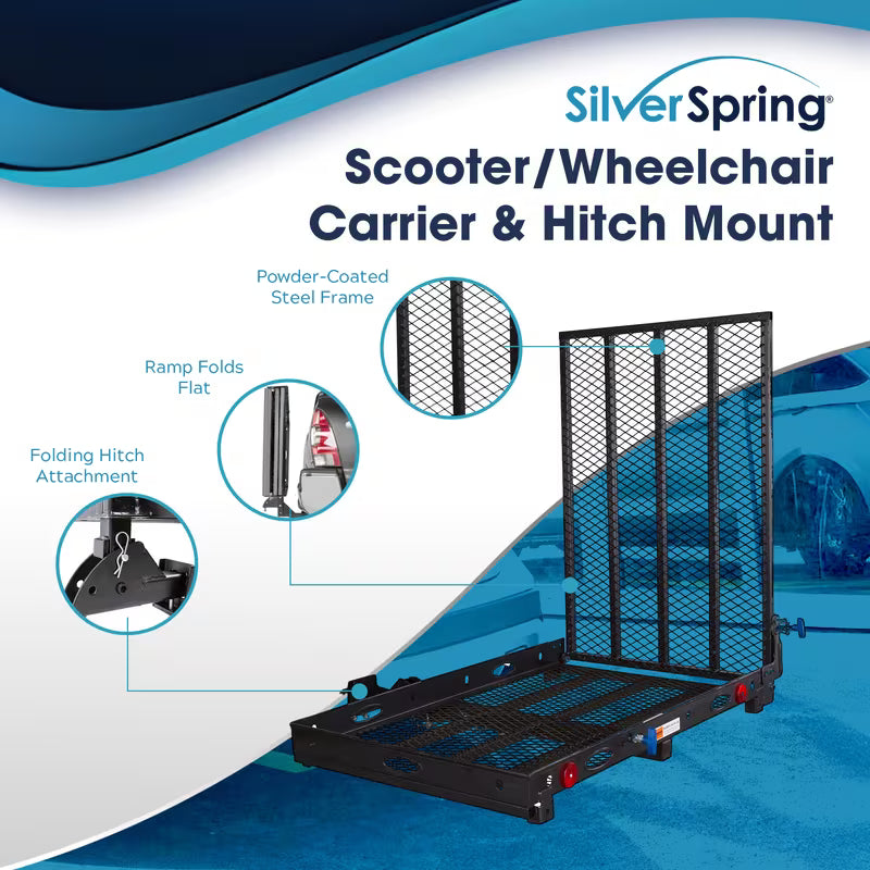 Folding Steel Scooter Carrier w/ 42" Ramp, Hitch Mount, 48" x 27.75", Black - Heavy-Duty and Foldable Mobility Carrier for Scooter Vehicles and Wheelchairs