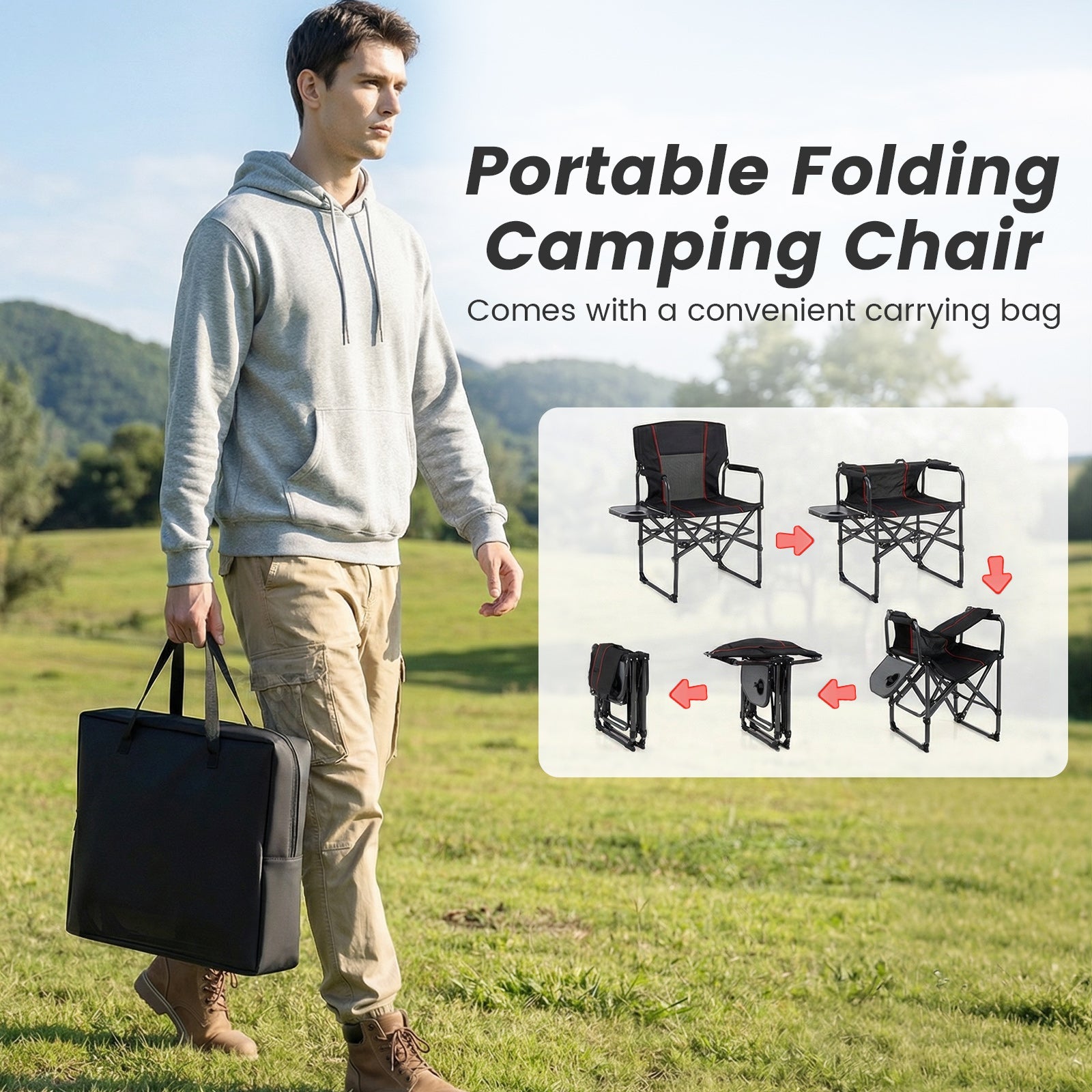 Folding Camping Chair with Side Table and Cup Holder with Carrying Bag