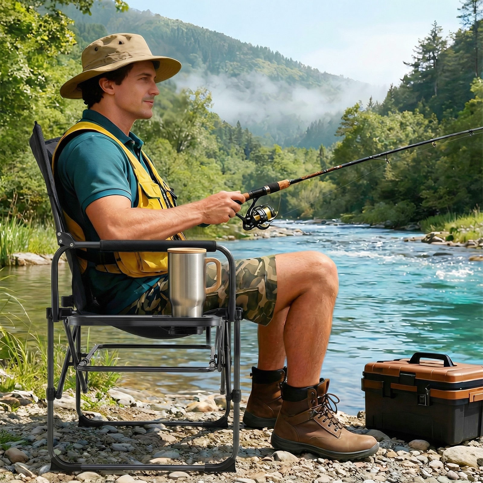Folding Camping Chair with Side Table and Cup Holder with Carrying Bag