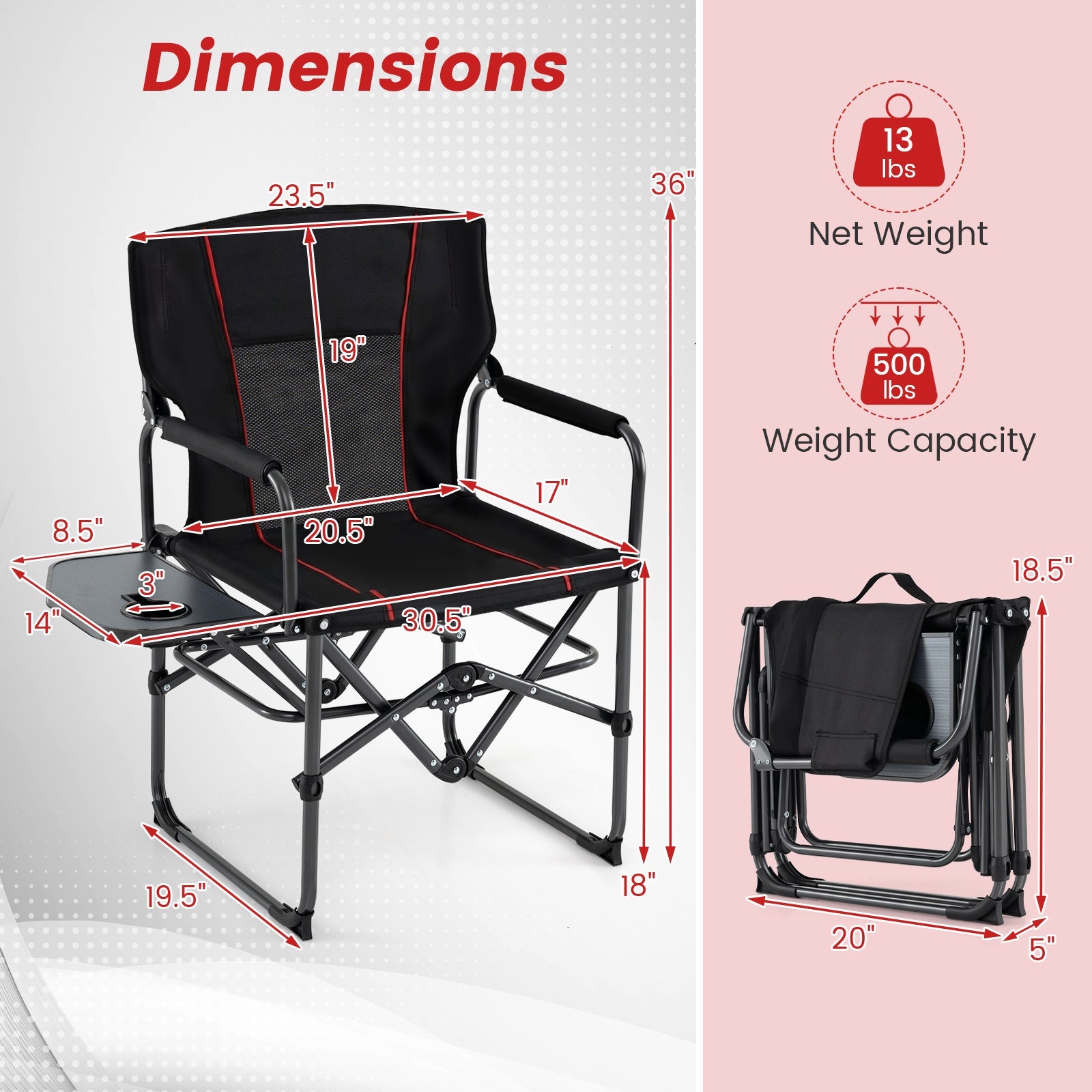 Folding Camping Chair with Side Table and Cup Holder with Carrying Bag