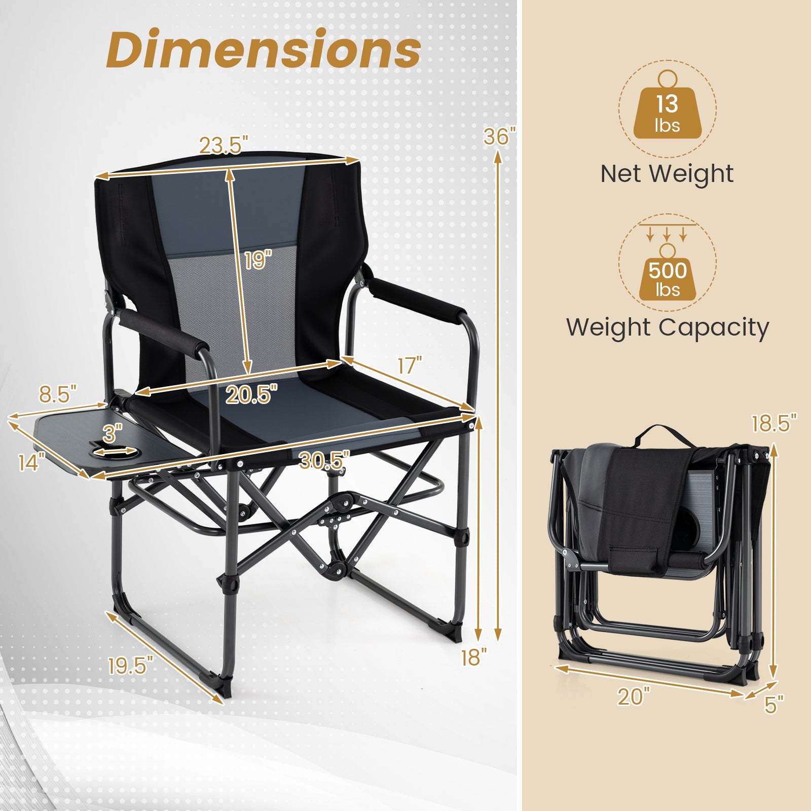 Folding Camping Chair with Side Table and Cup Holder with Carrying Bag