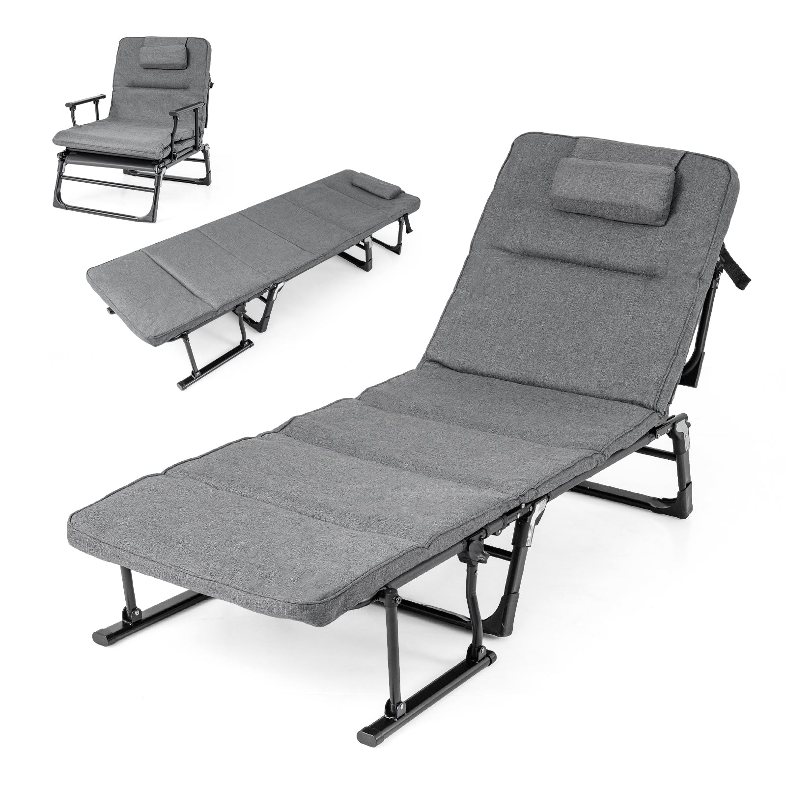 Folding Camping Cot with Mattress 3 in 1 Convertible Single Sofa Chaise Lounge Chair Sleeper-Gray