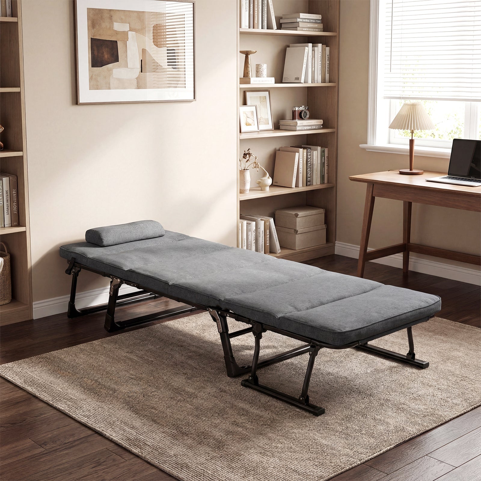 Folding Camping Cot with Mattress 3 in 1 Convertible Single Sofa Chaise Lounge Chair Sleeper-Gray