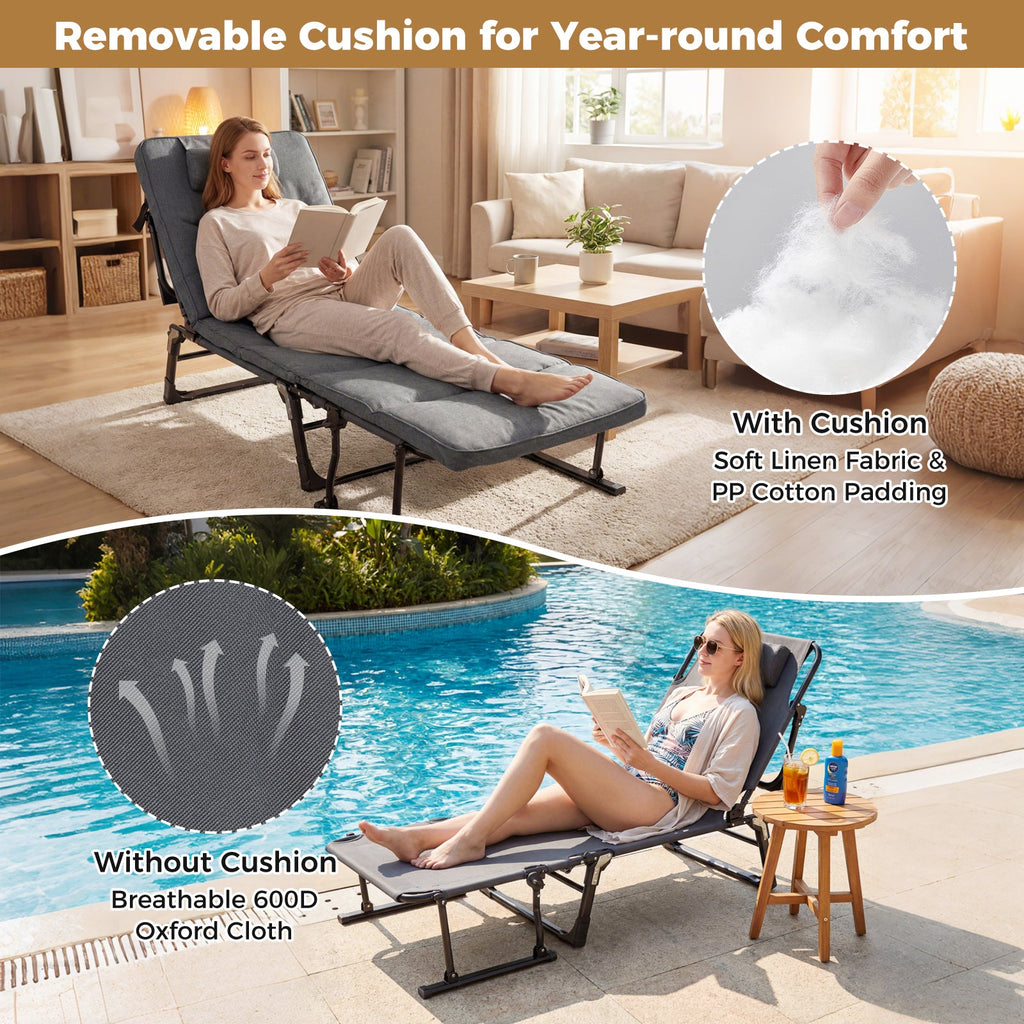 Folding Camping Cot with Mattress 3 in 1 Convertible Single Sofa Chaise Lounge Chair Sleeper-Gray