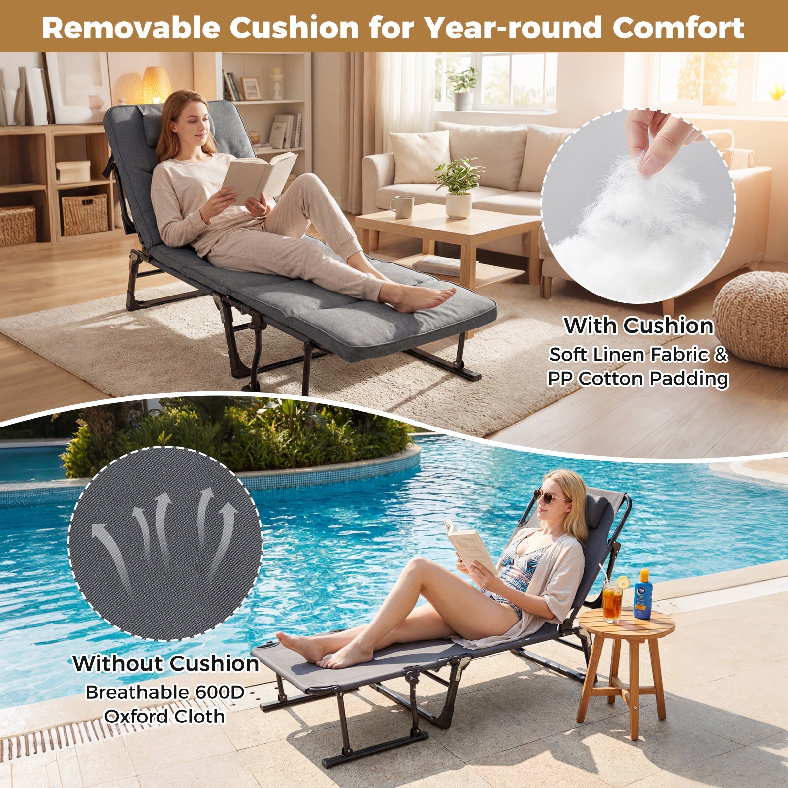 Folding Camping Cot with Mattress 3 in 1 Convertible Single Sofa Chaise Lounge Chair Sleeper-Gray