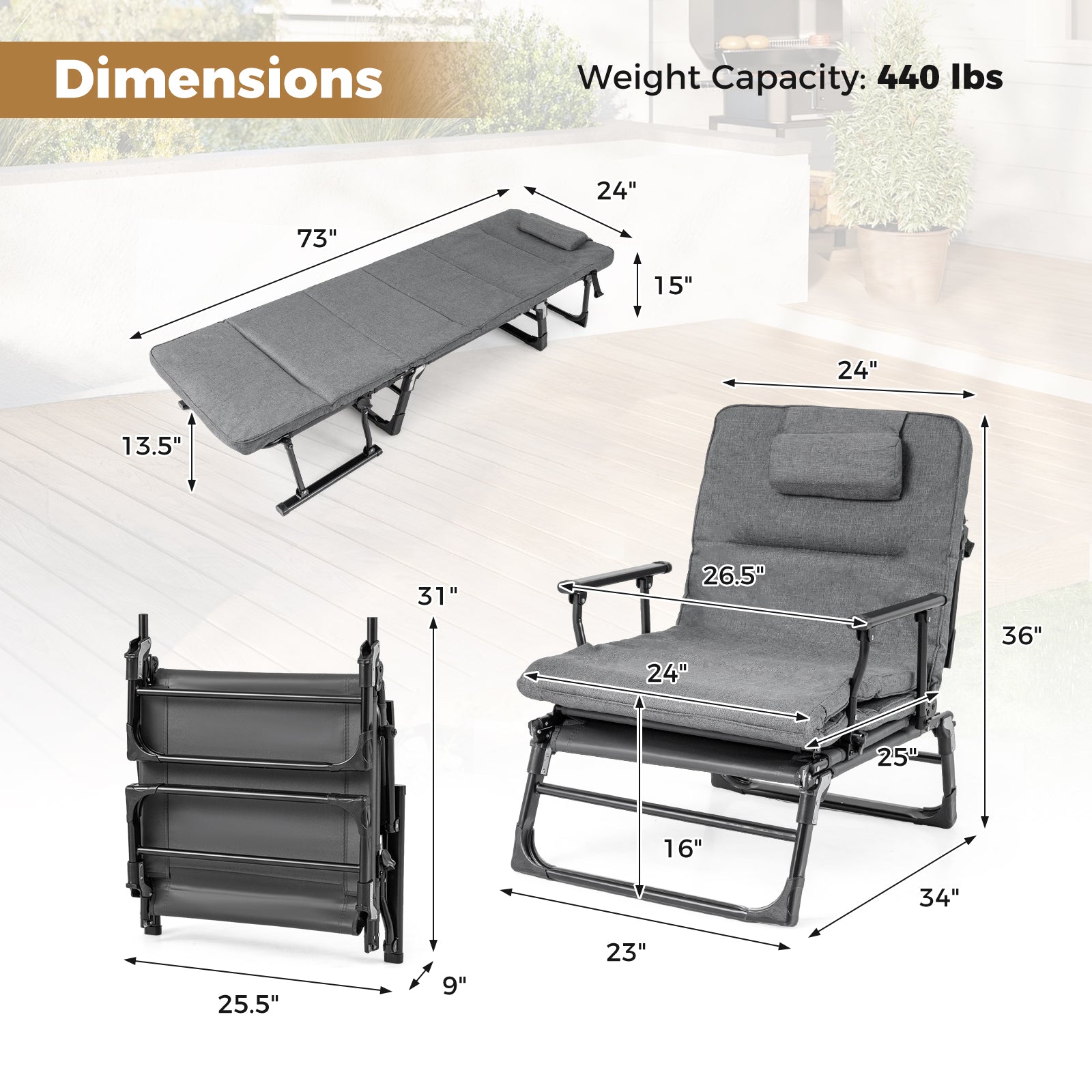 Folding Camping Cot with Mattress 3 in 1 Convertible Single Sofa Chaise Lounge Chair Sleeper-Gray