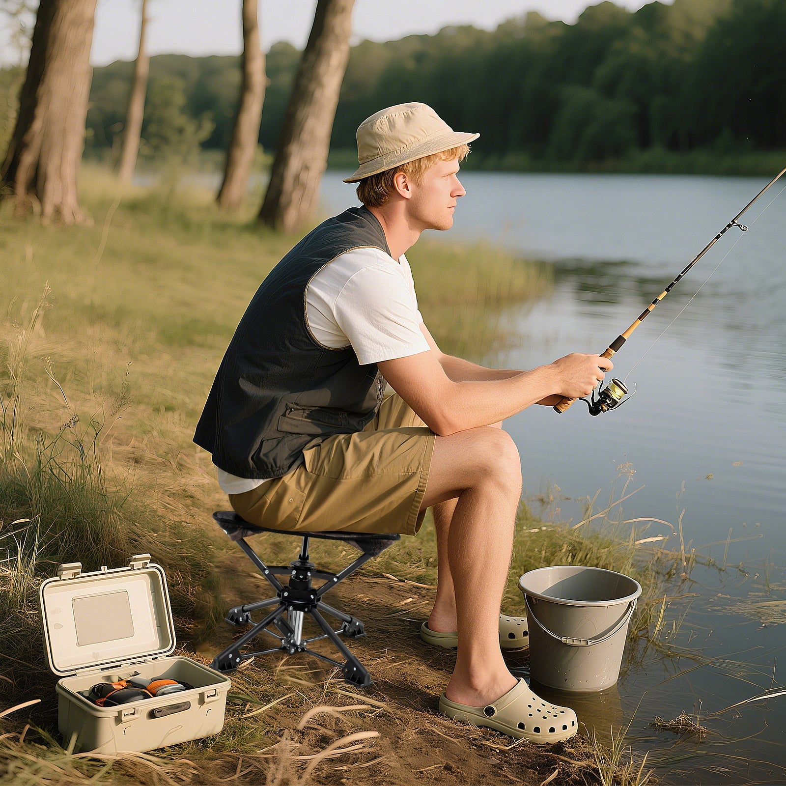 Folding Camping Stool 360° Swivel Hunting Chair with Anti-Sink Feet