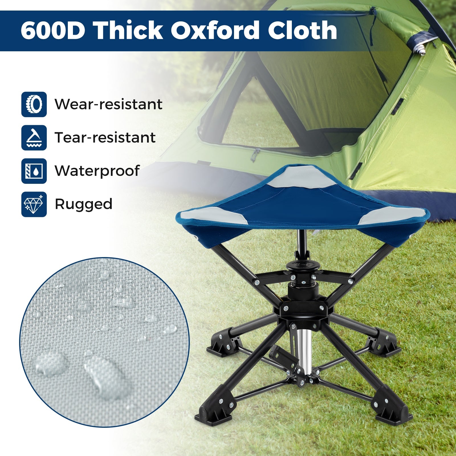 Folding Camping Stool 360° Swivel Hunting Chair with Anti-Sink Feet