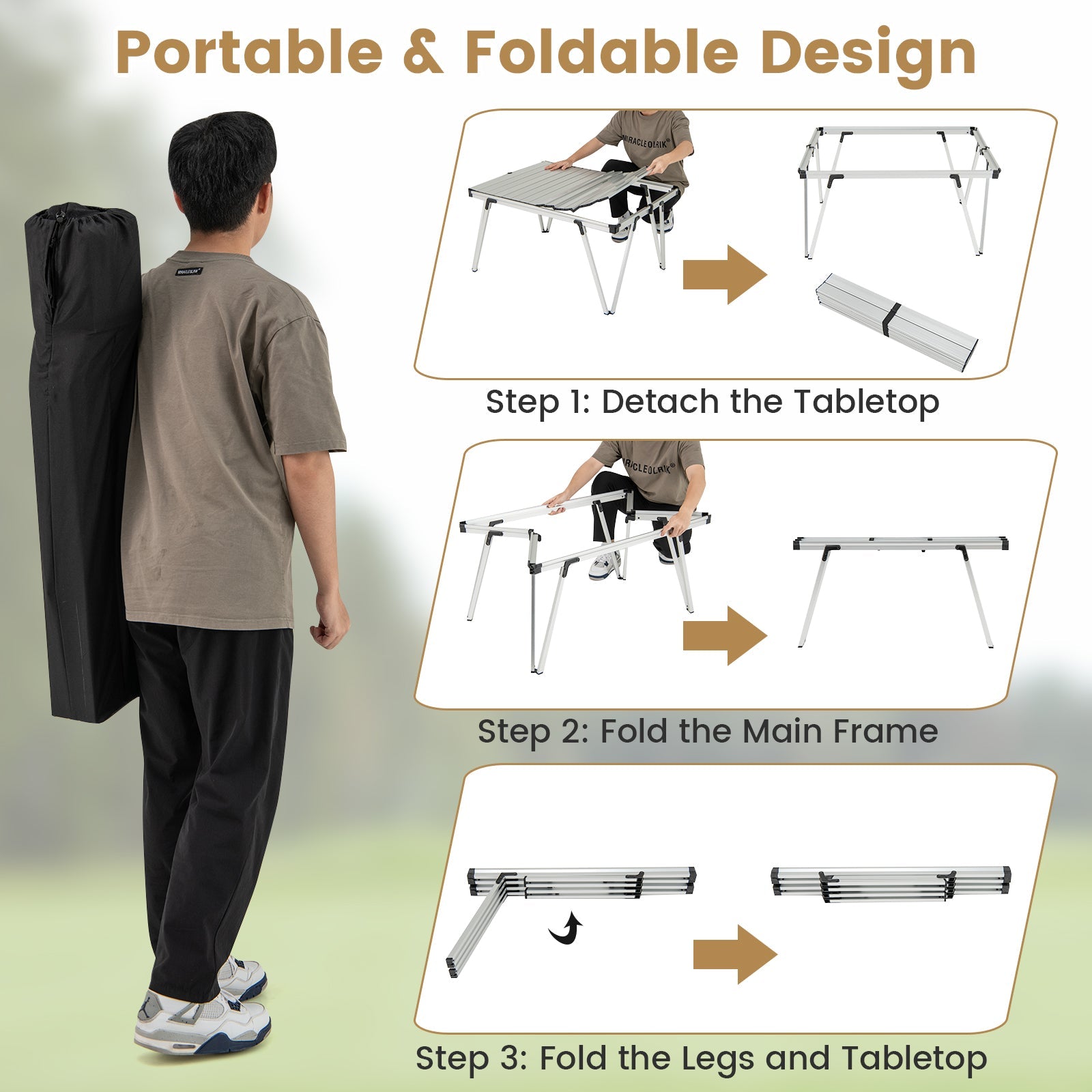 Folding Camping Table Picnic Table with Storage Bag and Waterproof Desktop