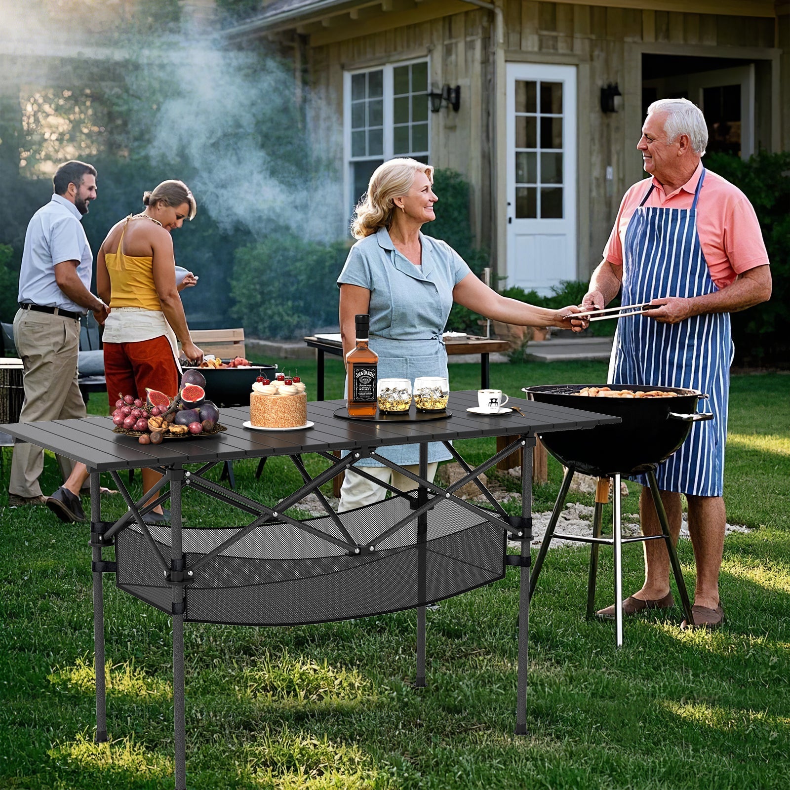 Patio Folding Camping Table with Roll-up Tabletop and Mesh Basket