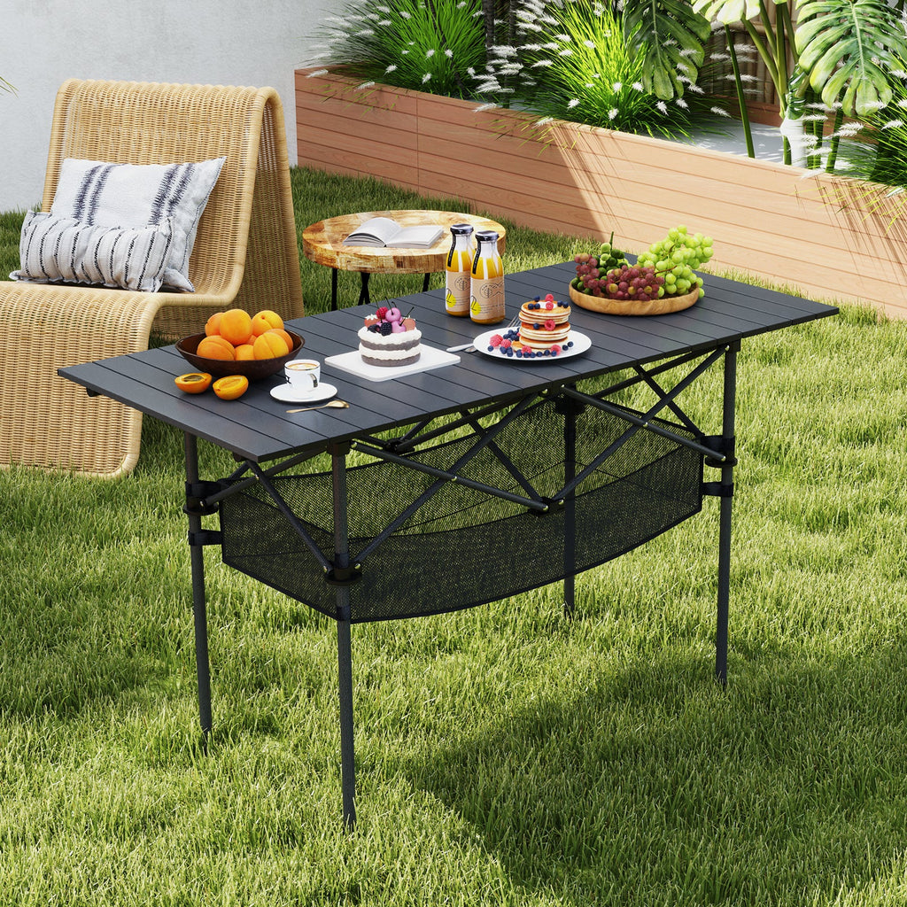 Patio Folding Camping Table with Roll-up Tabletop and Mesh Basket