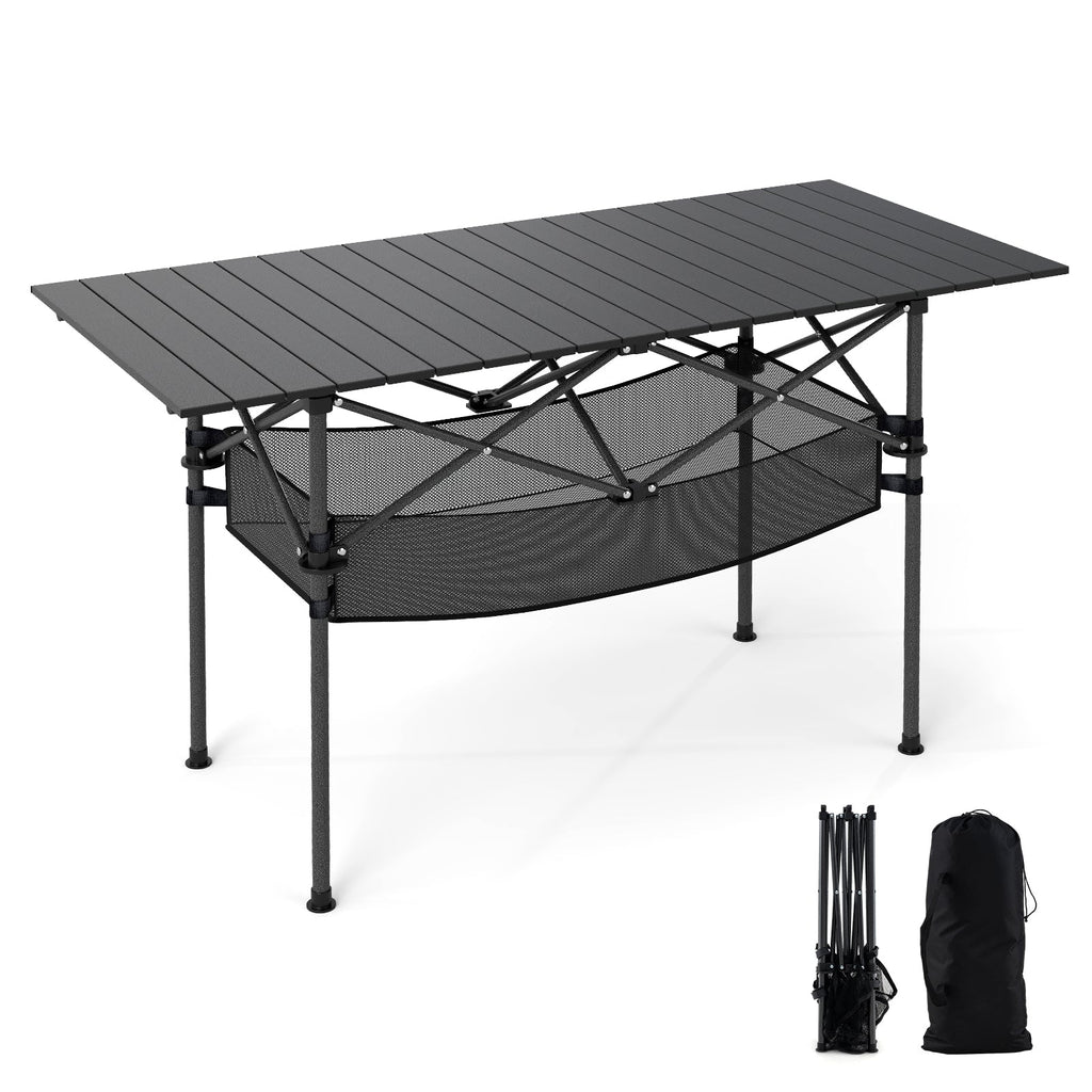 Patio Folding Camping Table with Roll-up Tabletop and Mesh Basket