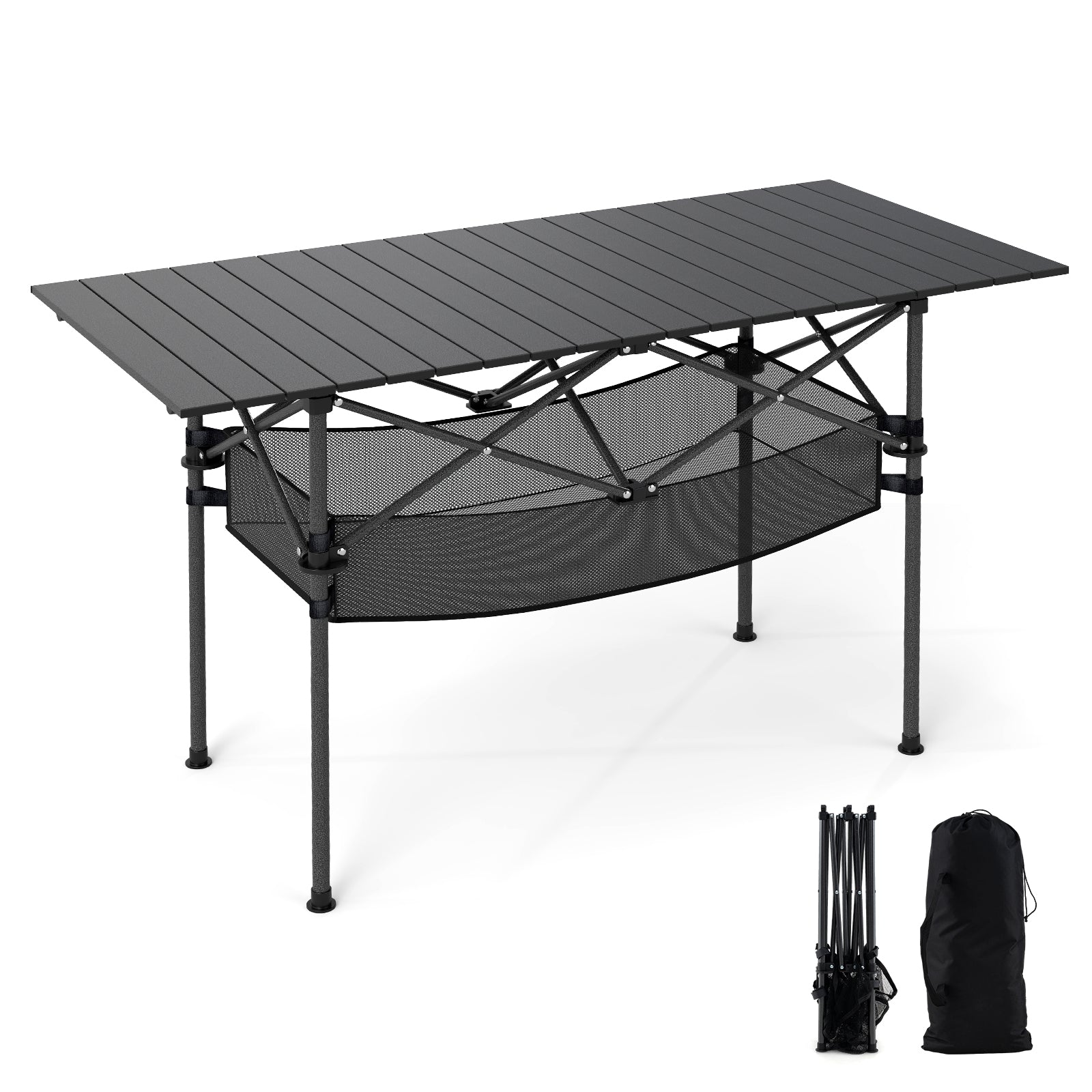 Patio Folding Camping Table with Roll-up Tabletop and Mesh Basket