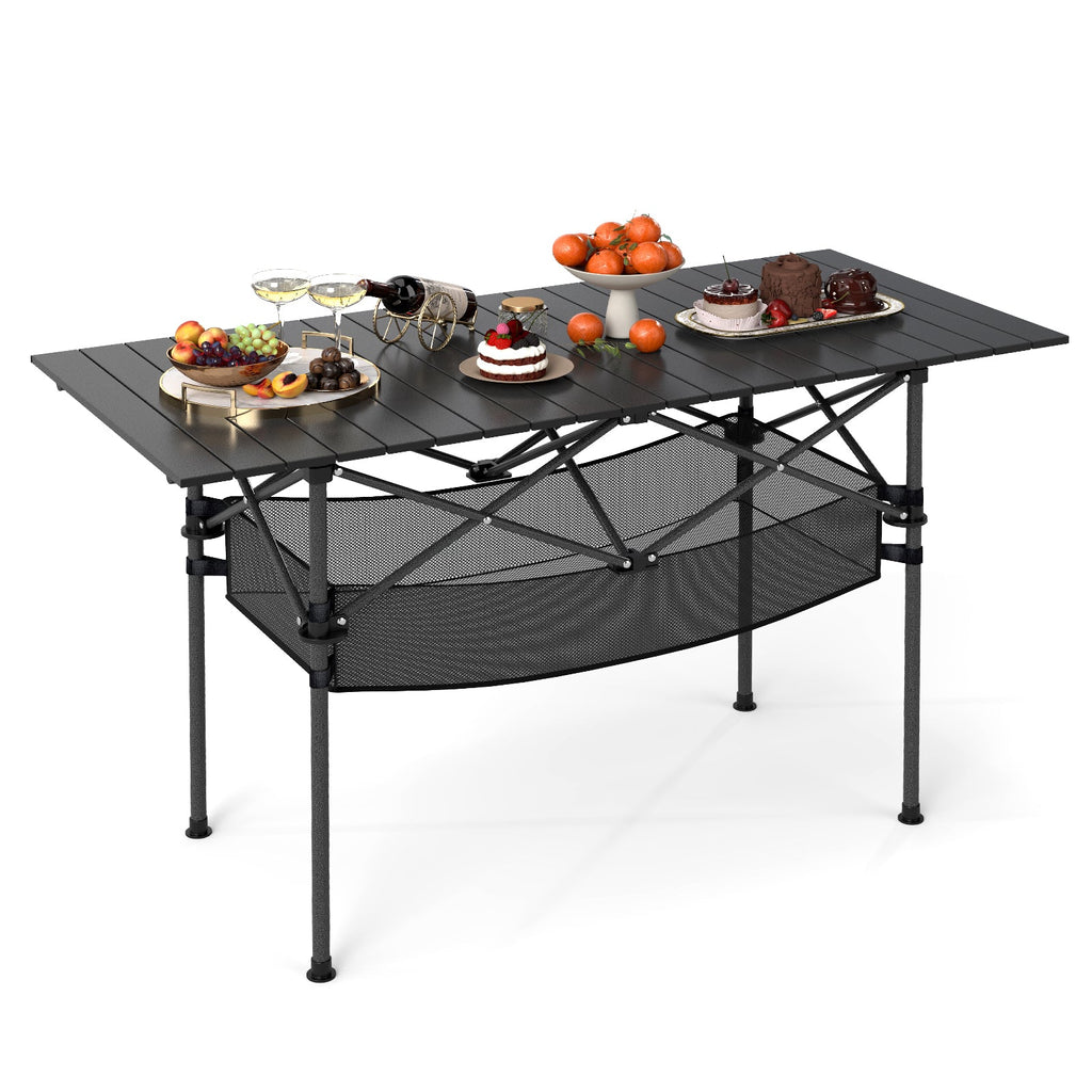 Patio Folding Camping Table with Roll-up Tabletop and Mesh Basket