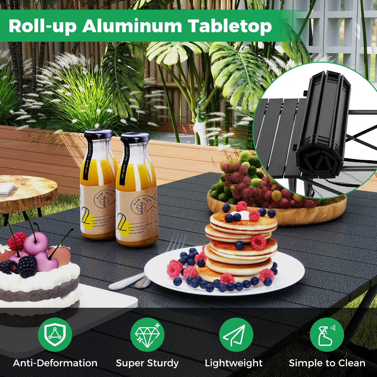 Patio Folding Camping Table with Roll-up Tabletop and Mesh Basket
