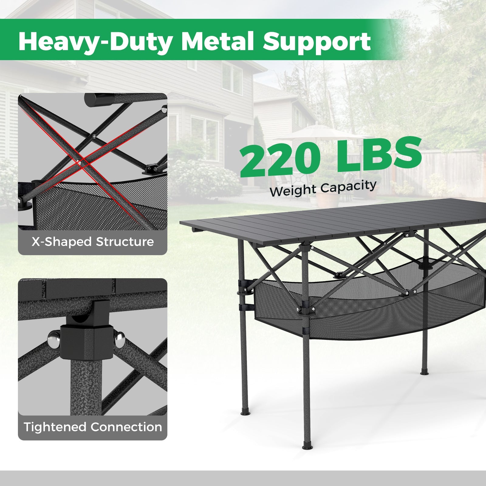 Patio Folding Camping Table with Roll-up Tabletop and Mesh Basket