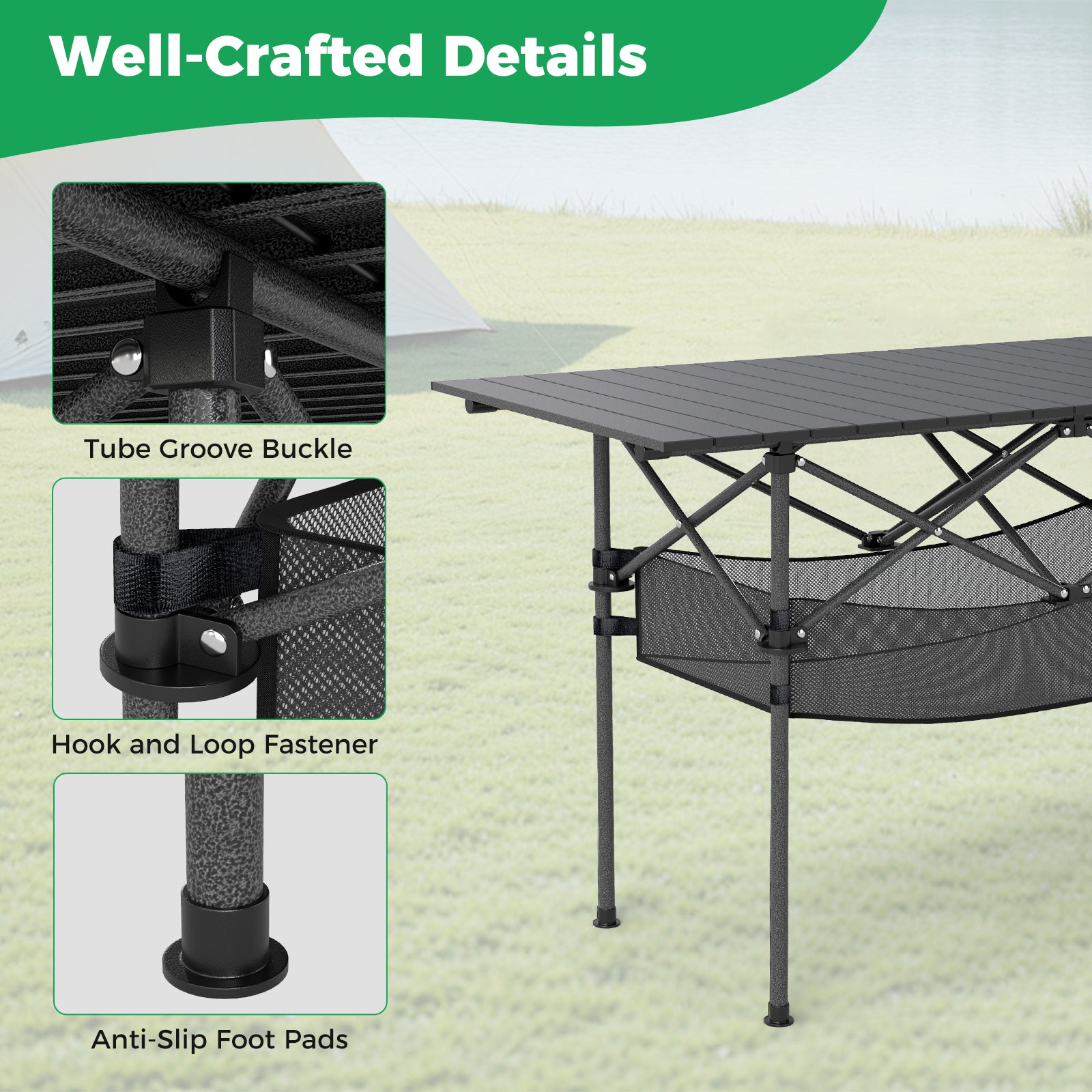 Patio Folding Camping Table with Roll-up Tabletop and Mesh Basket