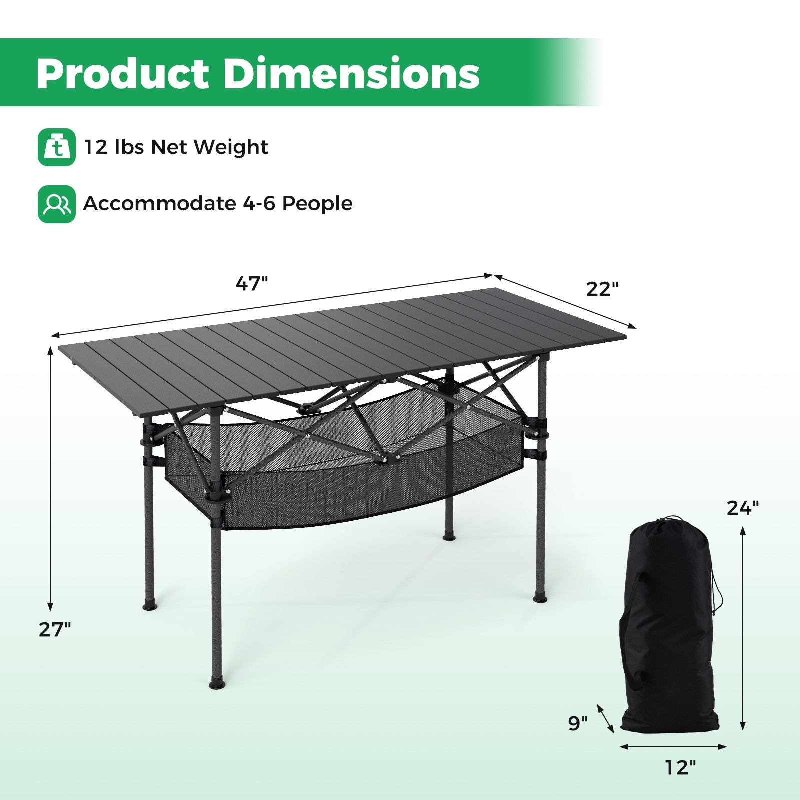 Patio Folding Camping Table with Roll-up Tabletop and Mesh Basket