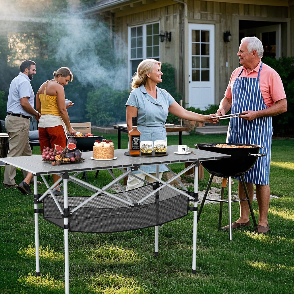 Patio Folding Camping Table with Roll-up Tabletop and Mesh Basket
