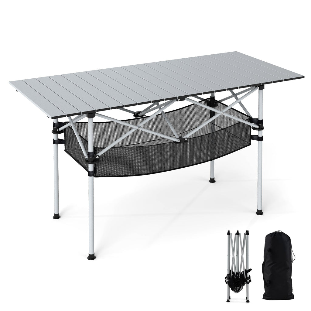 Patio Folding Camping Table with Roll-up Tabletop and Mesh Basket