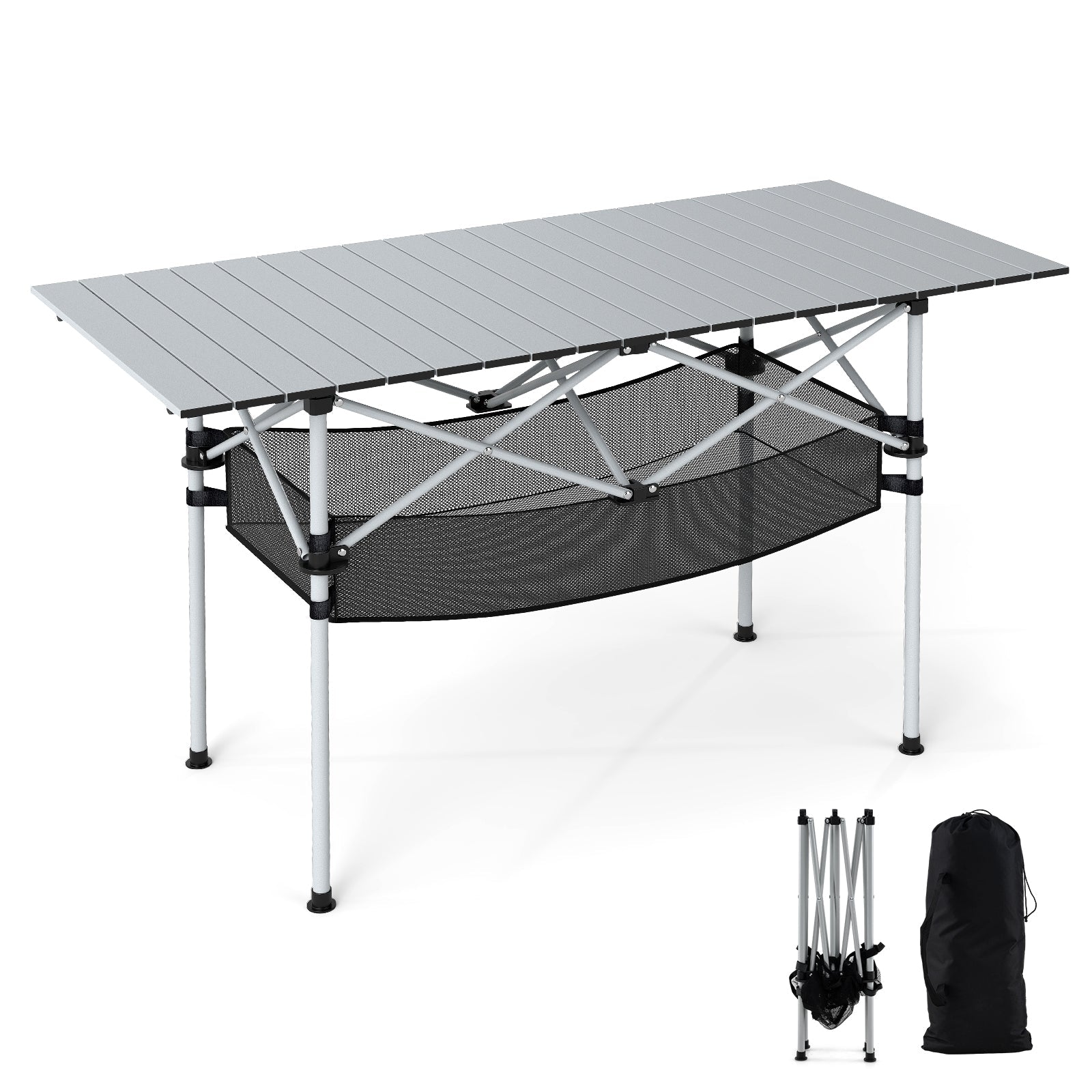 Patio Folding Camping Table with Roll-up Tabletop and Mesh Basket