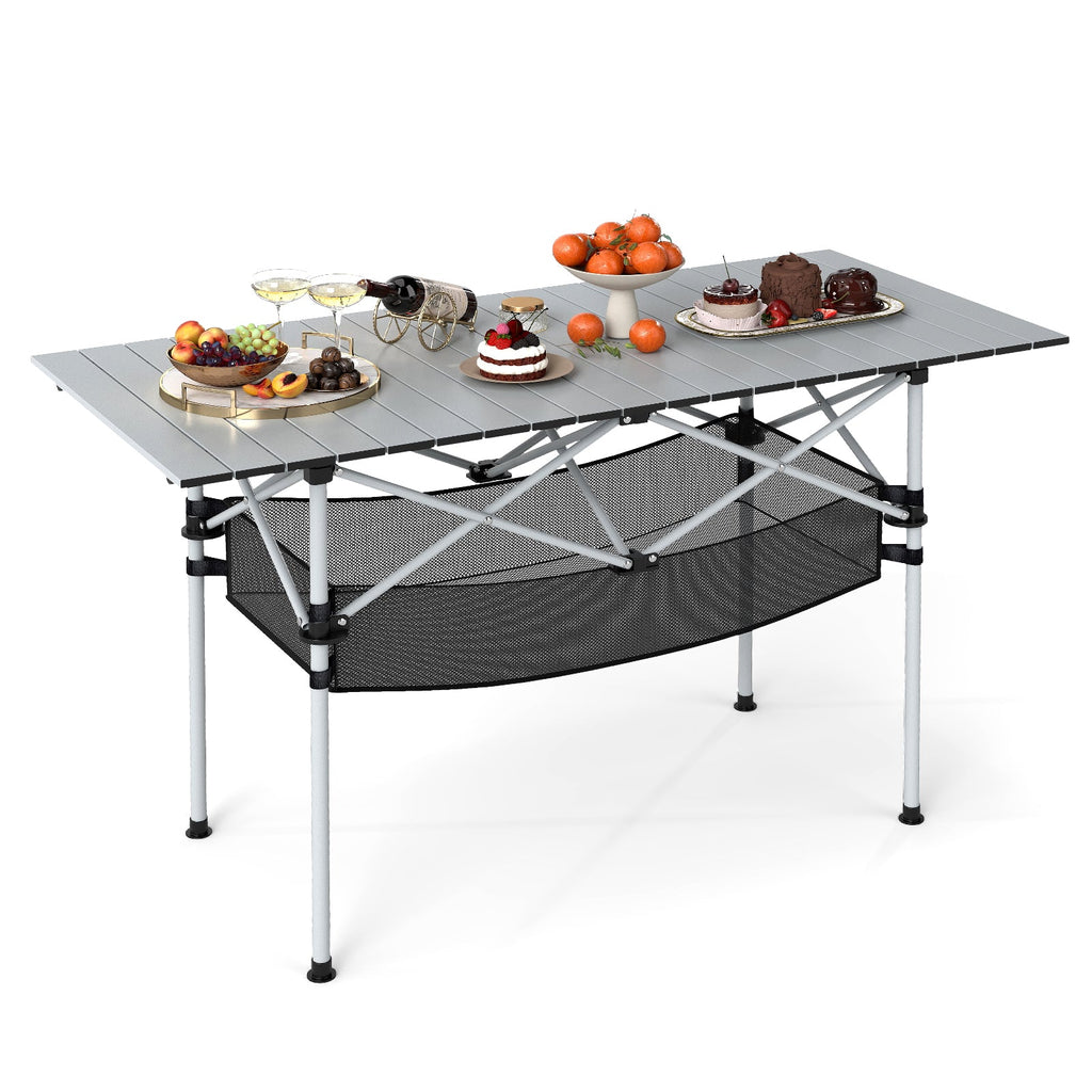 Patio Folding Camping Table with Roll-up Tabletop and Mesh Basket