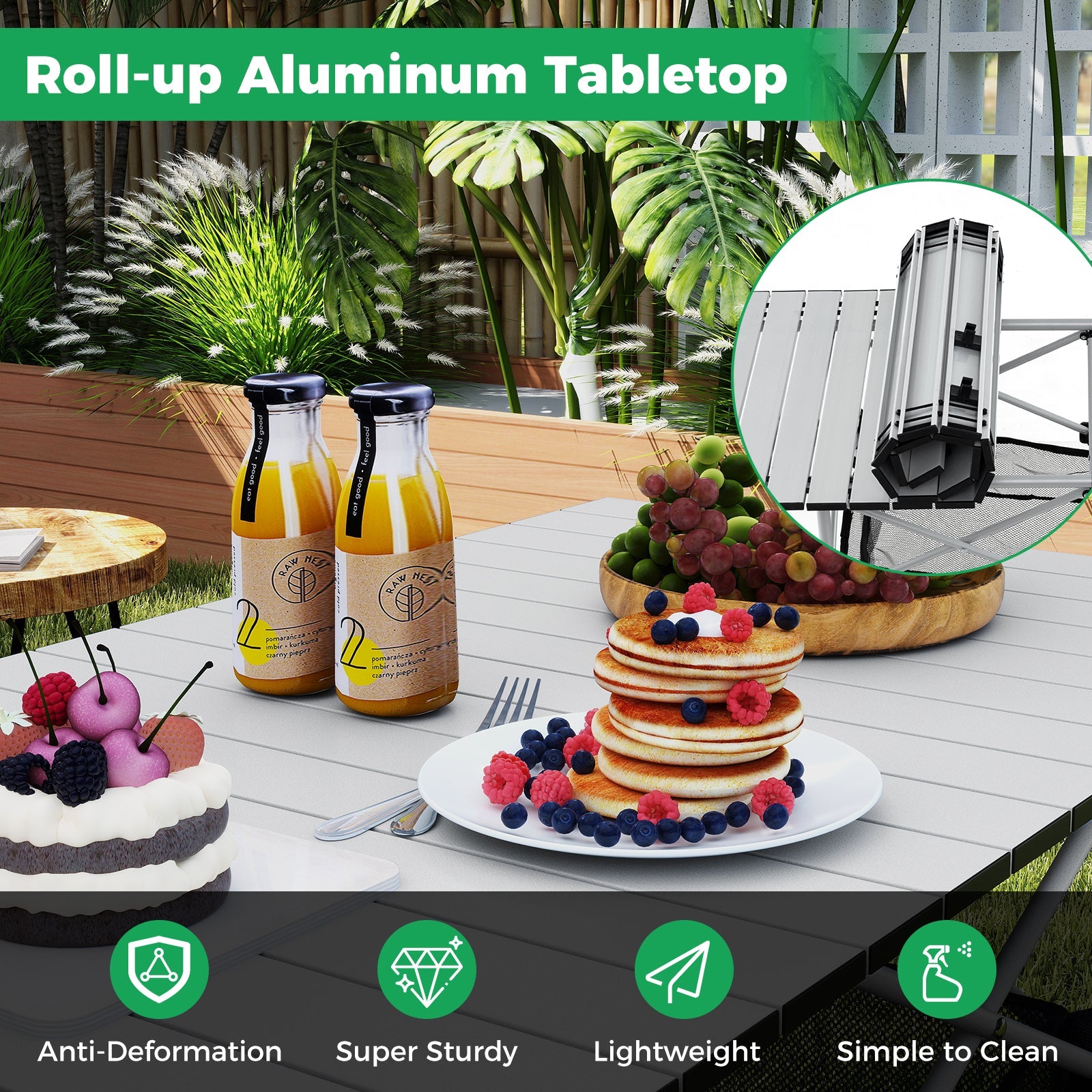 Patio Folding Camping Table with Roll-up Tabletop and Mesh Basket